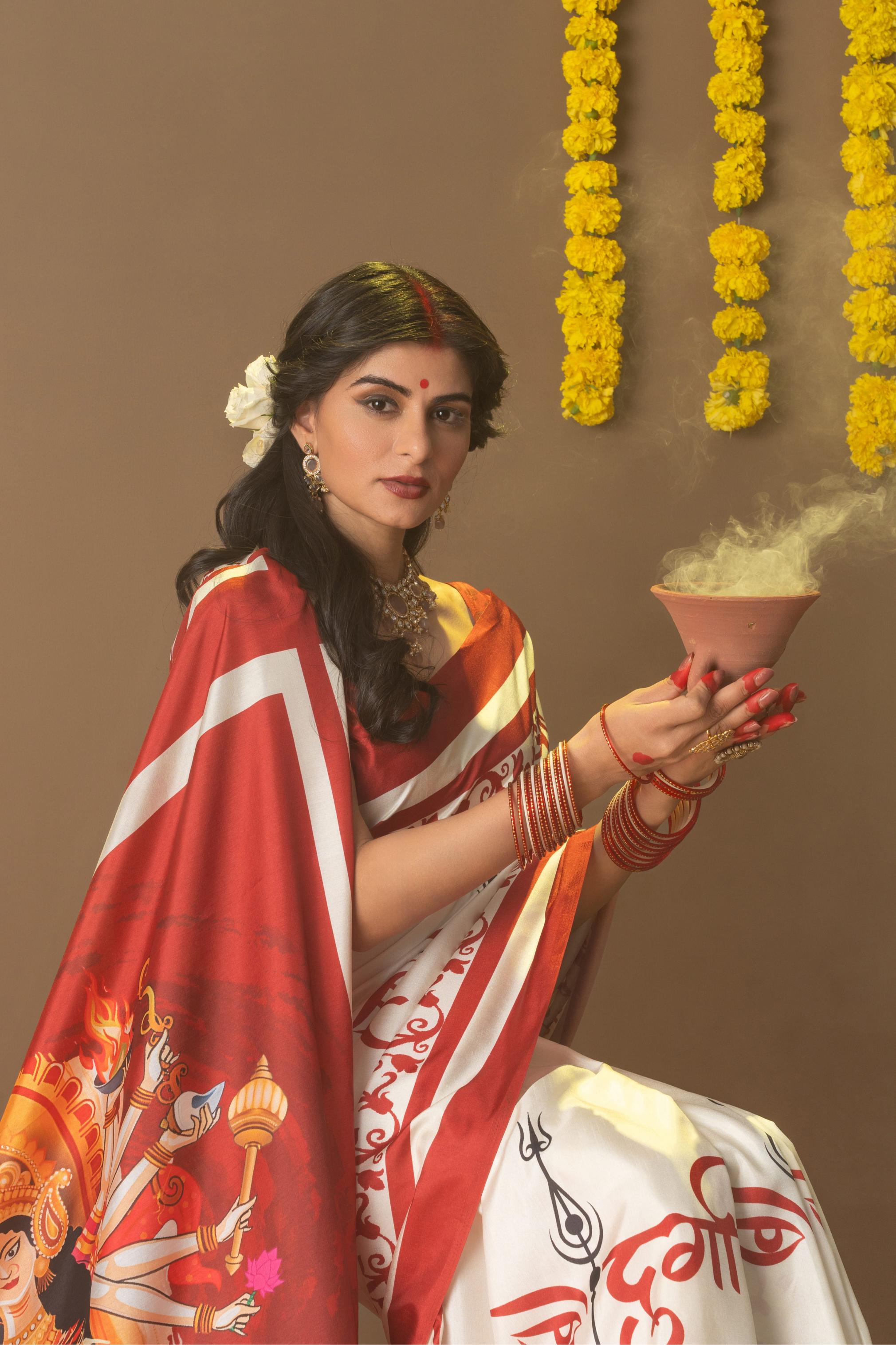 Rachna Durga Letter Prints Dola Silk Saree