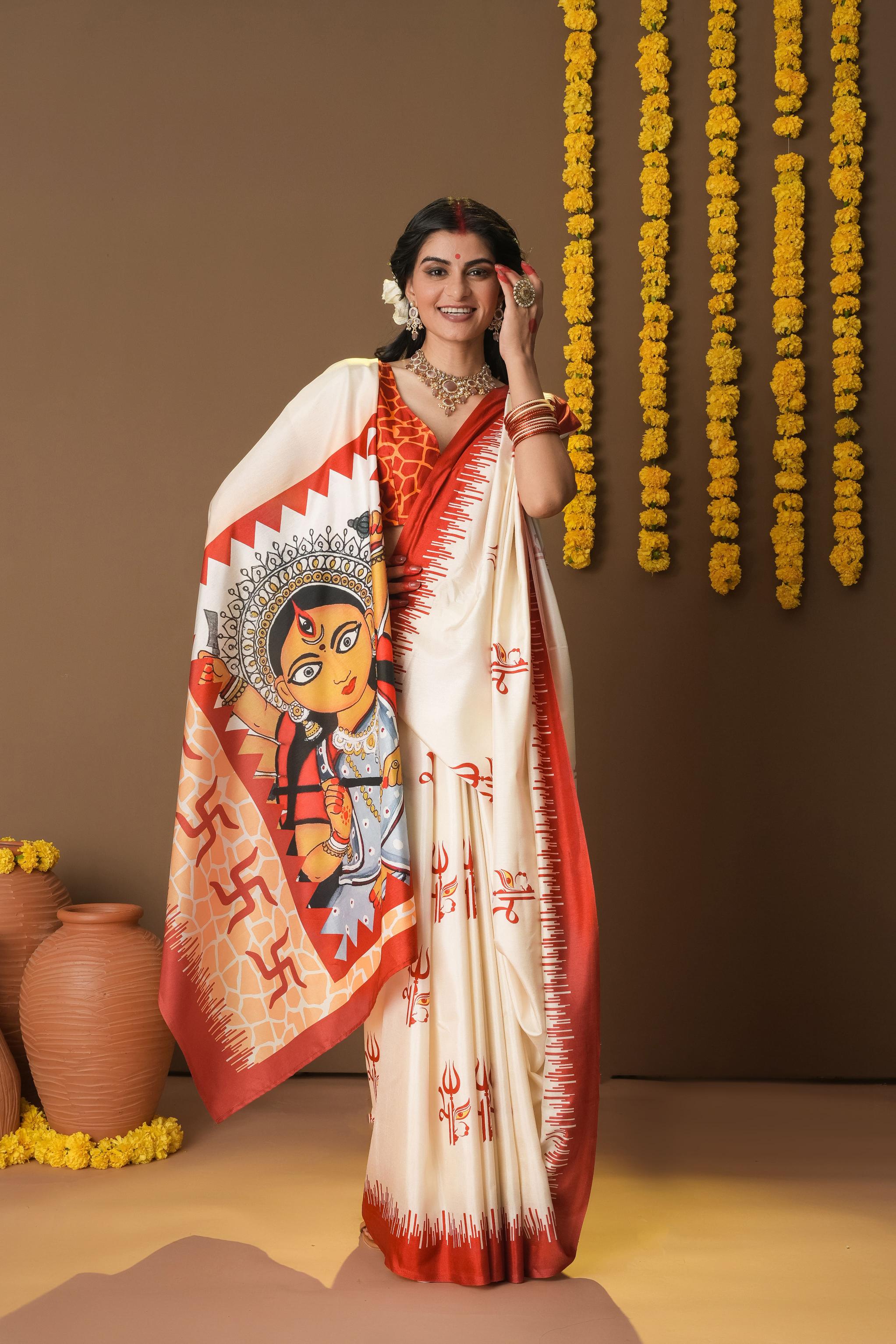Rachna Durga Trishul Prints Dola Silk Saree