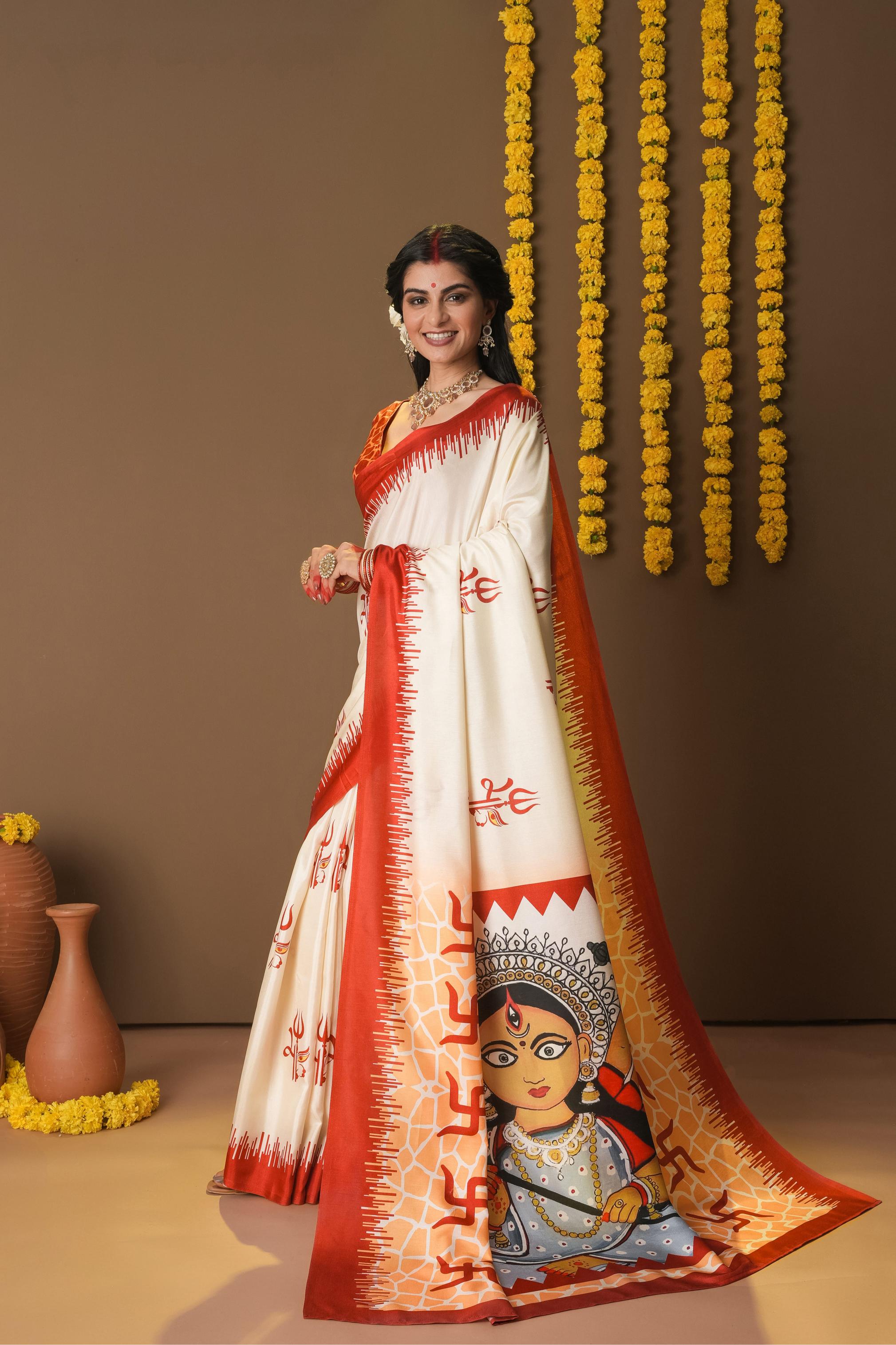 Rachna Durga Trishul Prints Dola Silk Saree