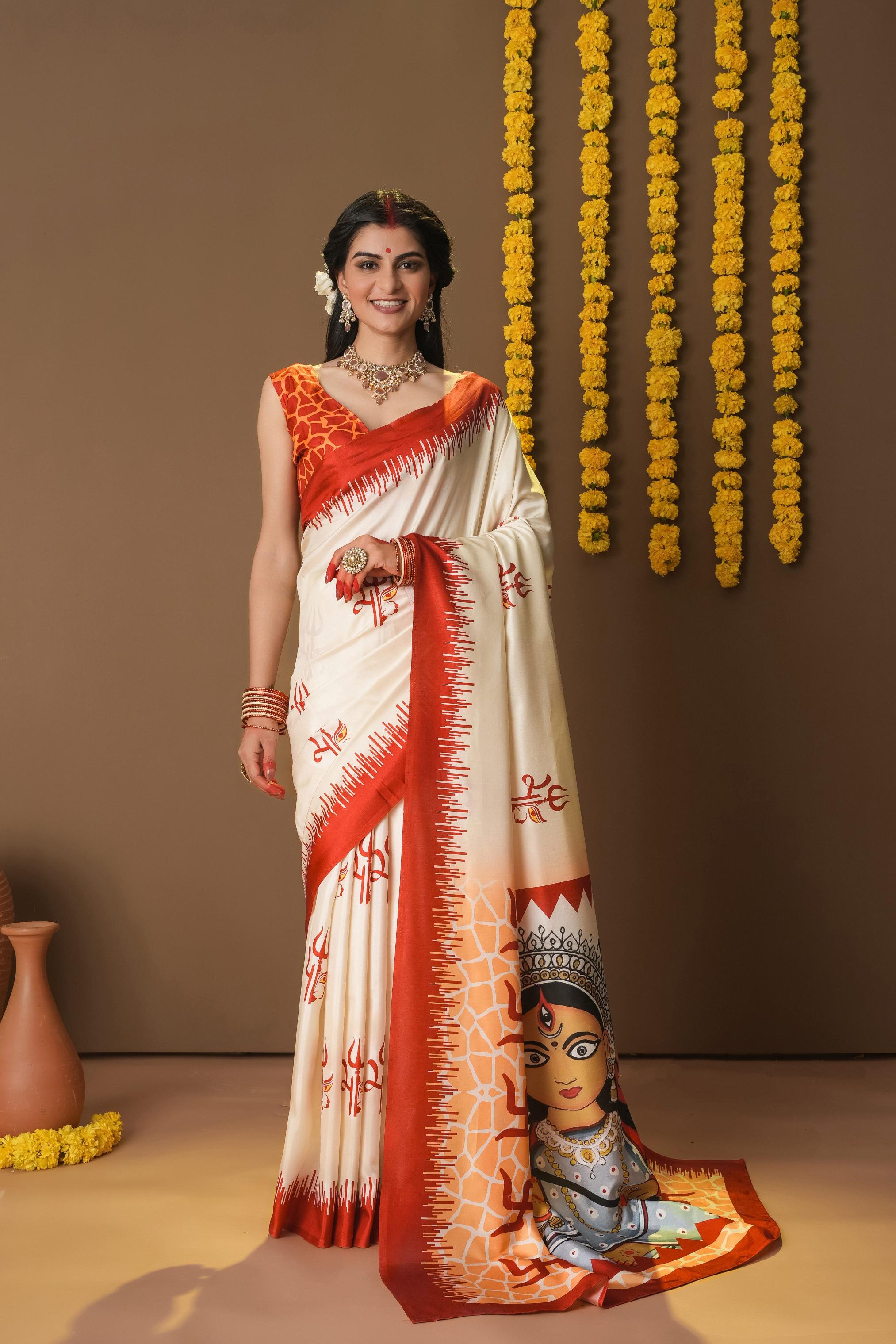 Rachna Durga Trishul Prints Dola Silk Saree