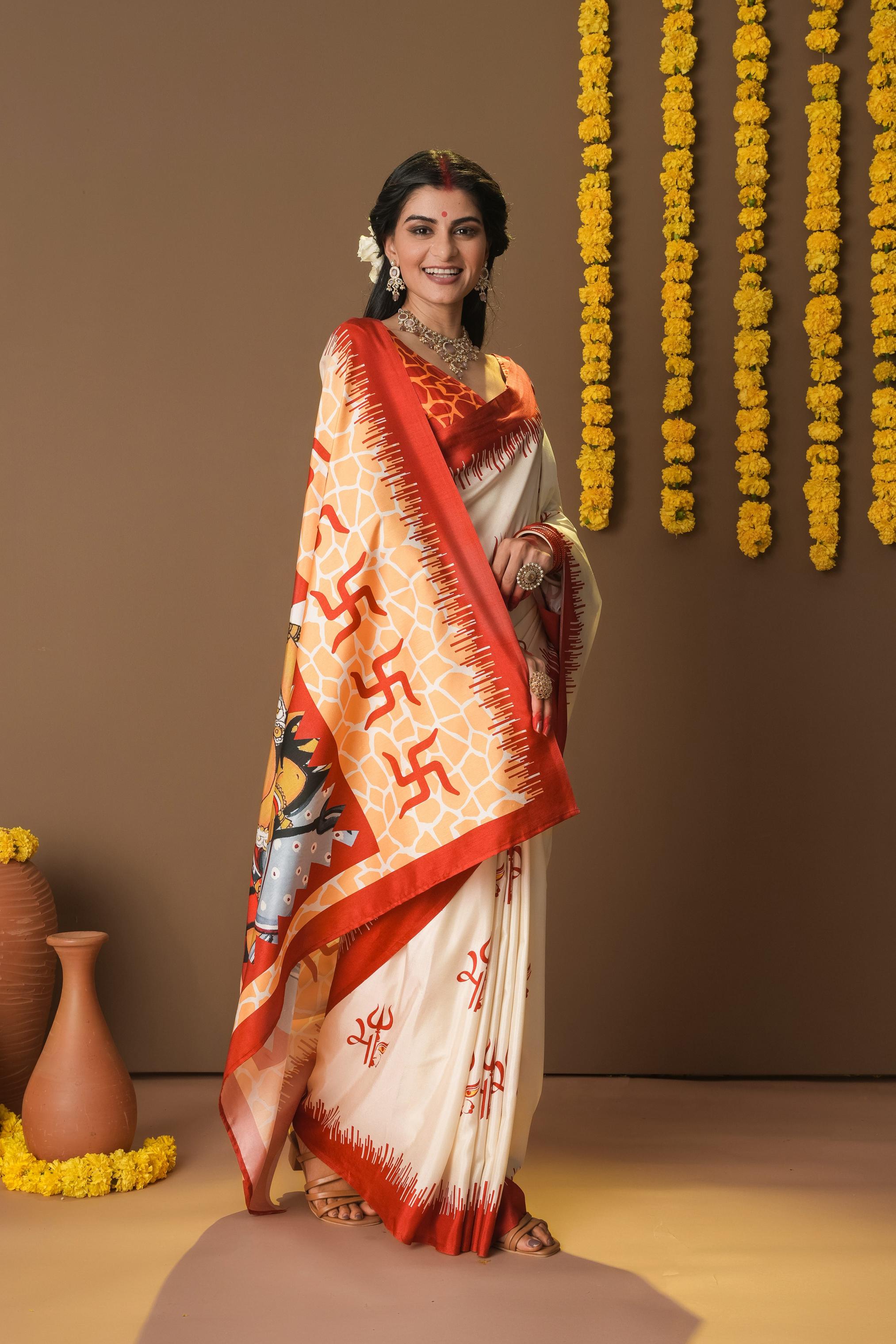 Rachna Durga Trishul Prints Dola Silk Saree