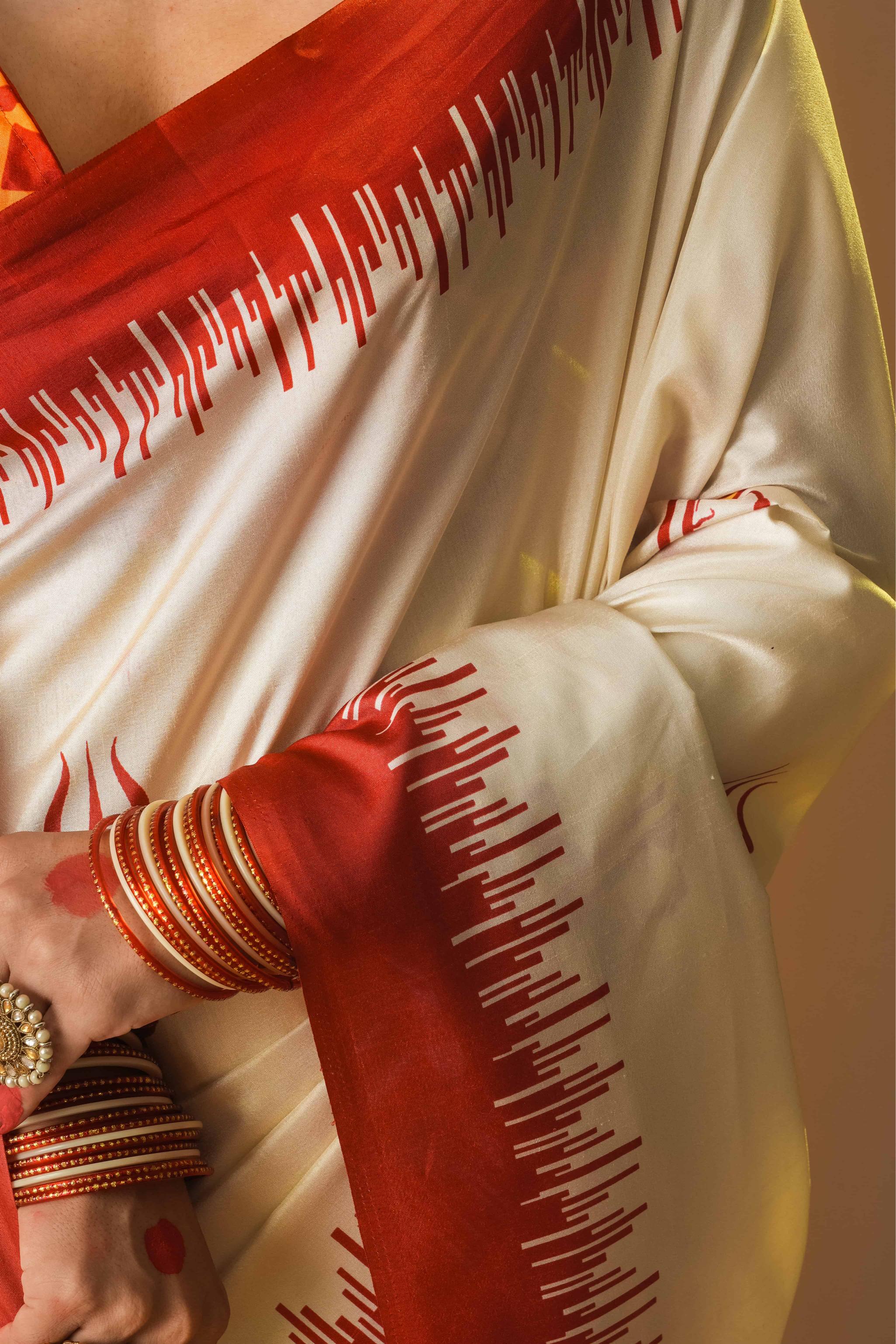 Rachna Durga Trishul Prints Dola Silk Saree