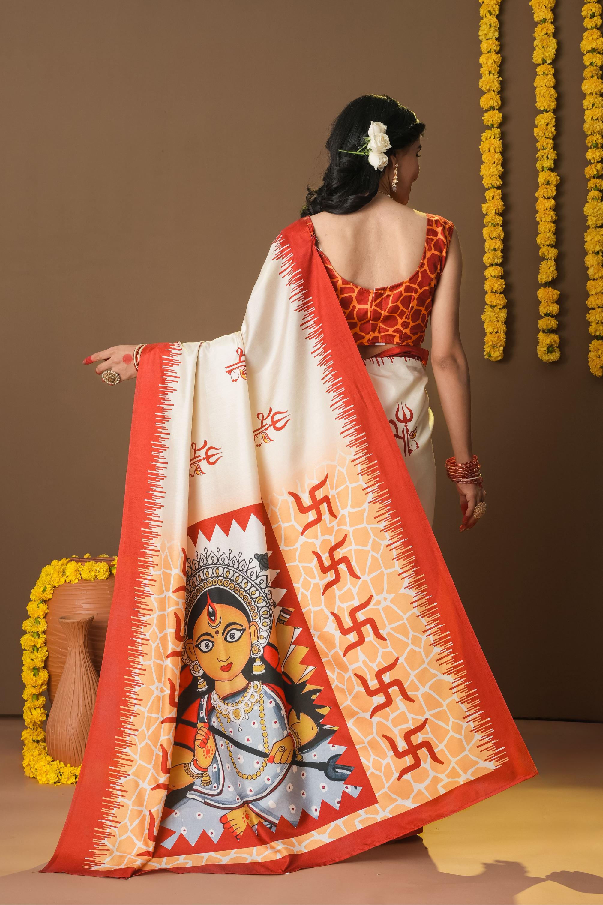 Rachna Durga Trishul Prints Dola Silk Saree