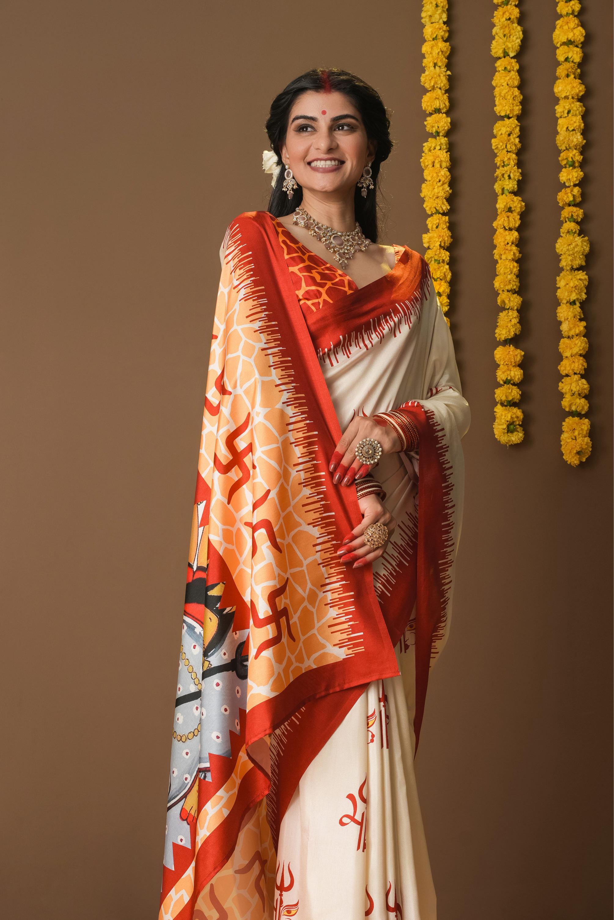 Rachna Durga Trishul Prints Dola Silk Saree