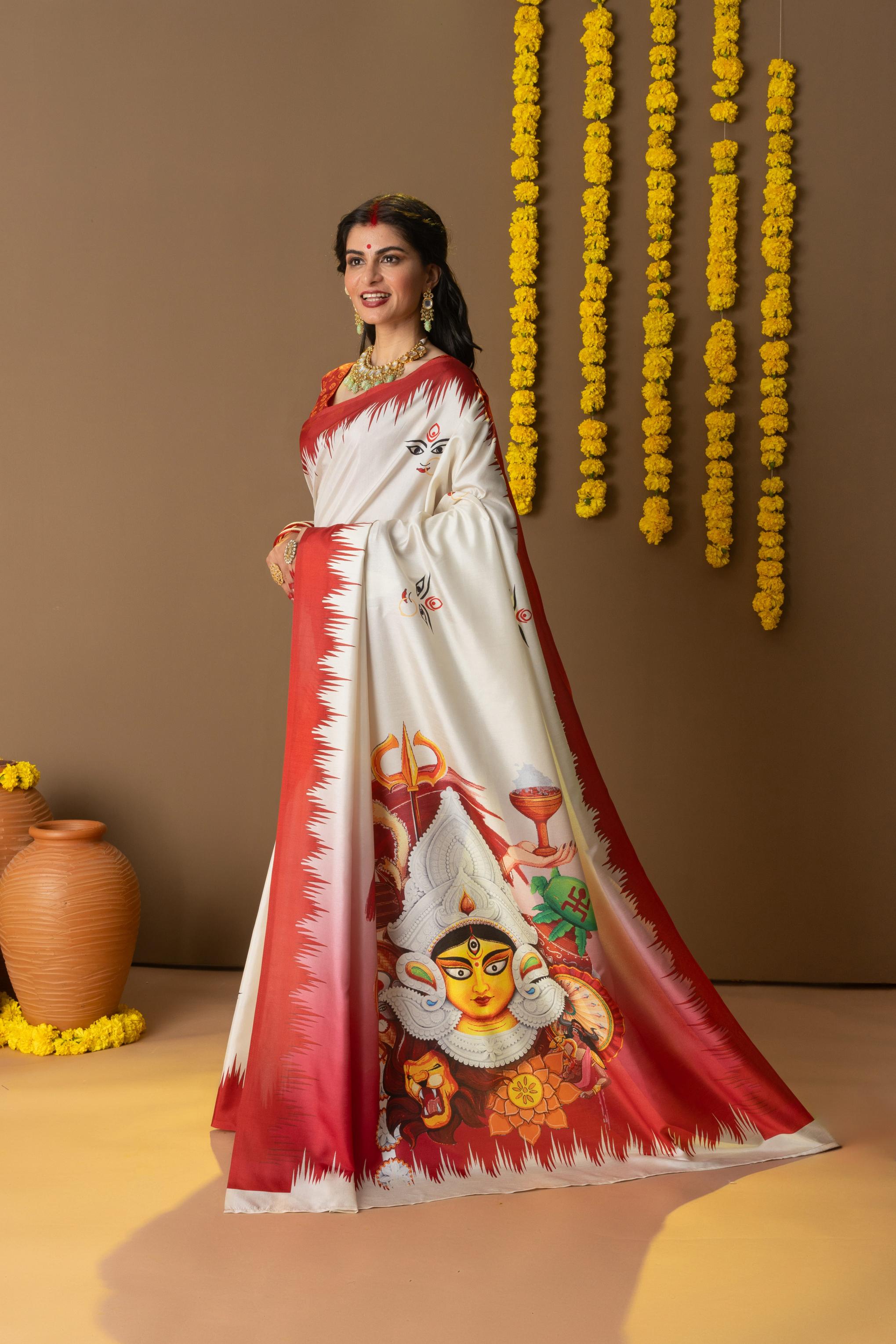 Rachna Durga Face Prints Dola Silk Saree