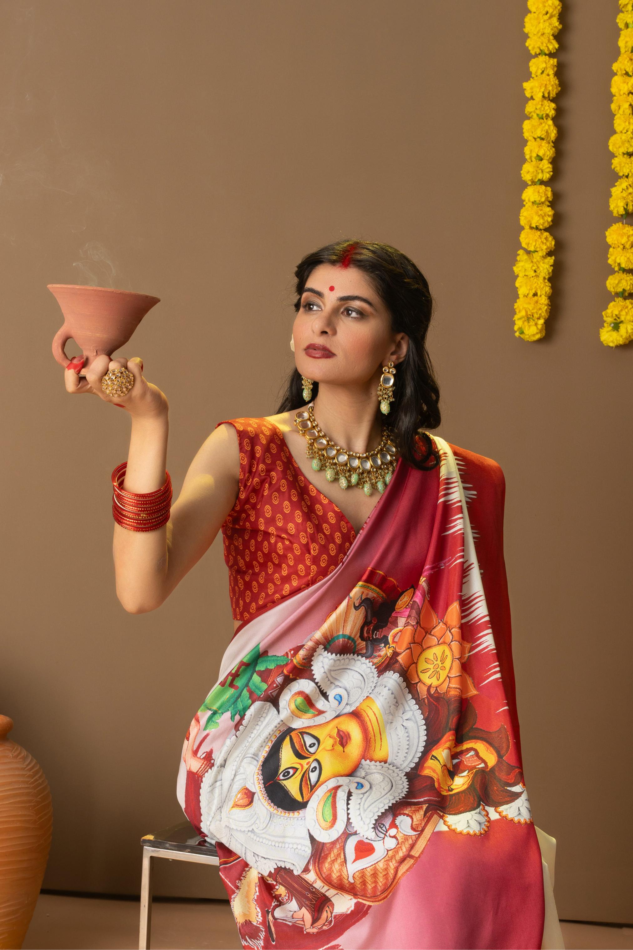 Rachna Durga Face Prints Dola Silk Saree