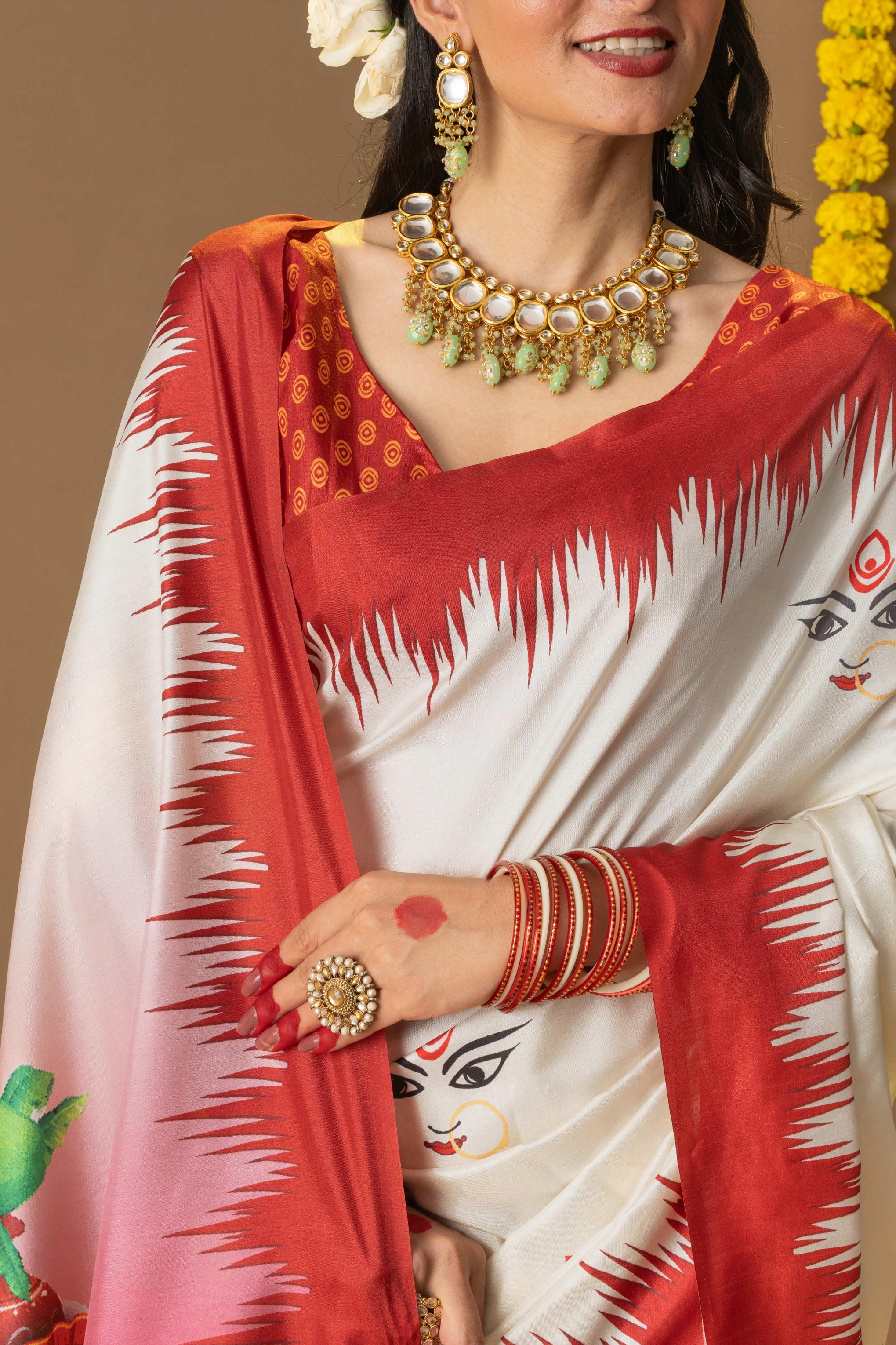 Rachna Durga Face Prints Dola Silk Saree