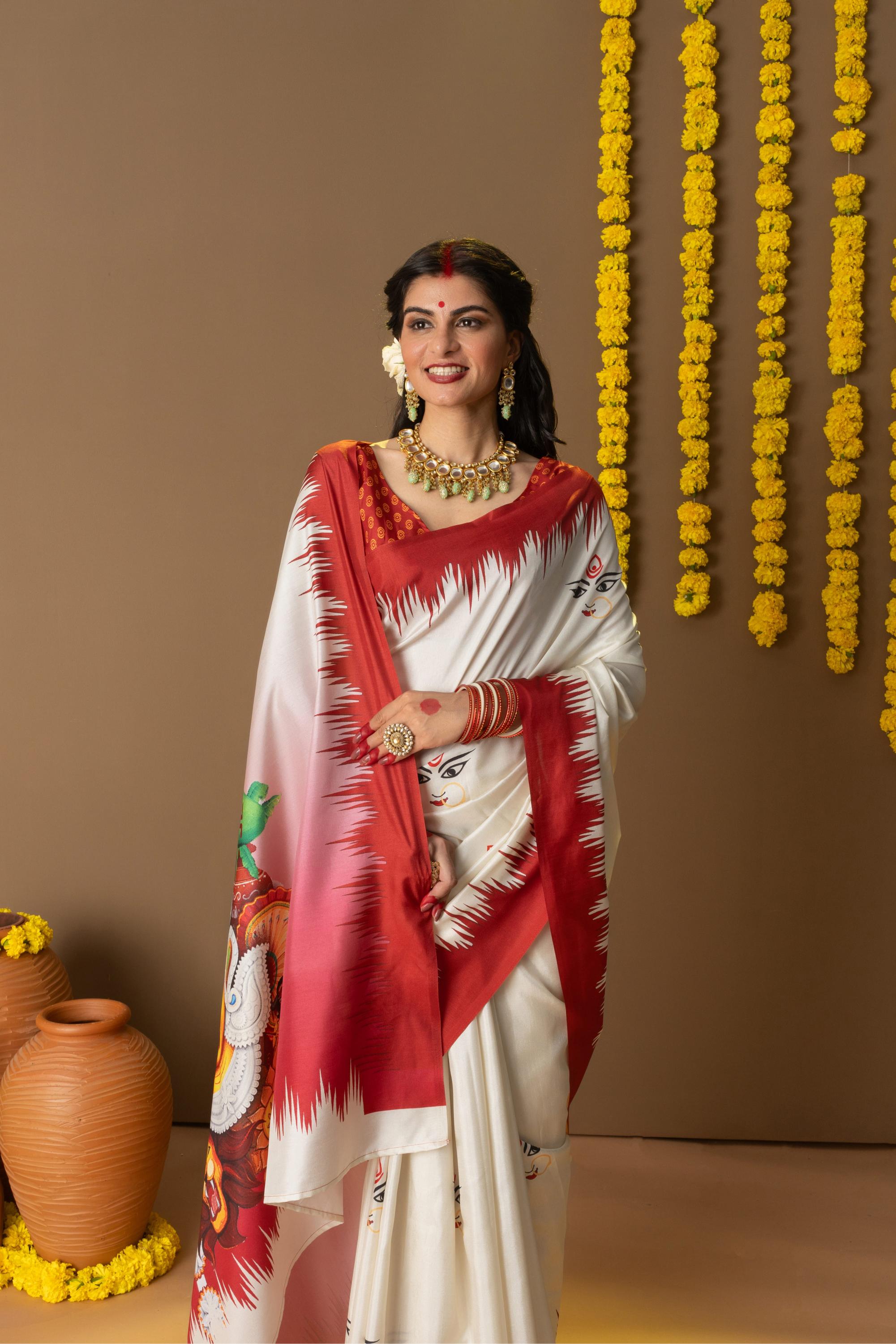 Rachna Durga Face Prints Dola Silk Saree