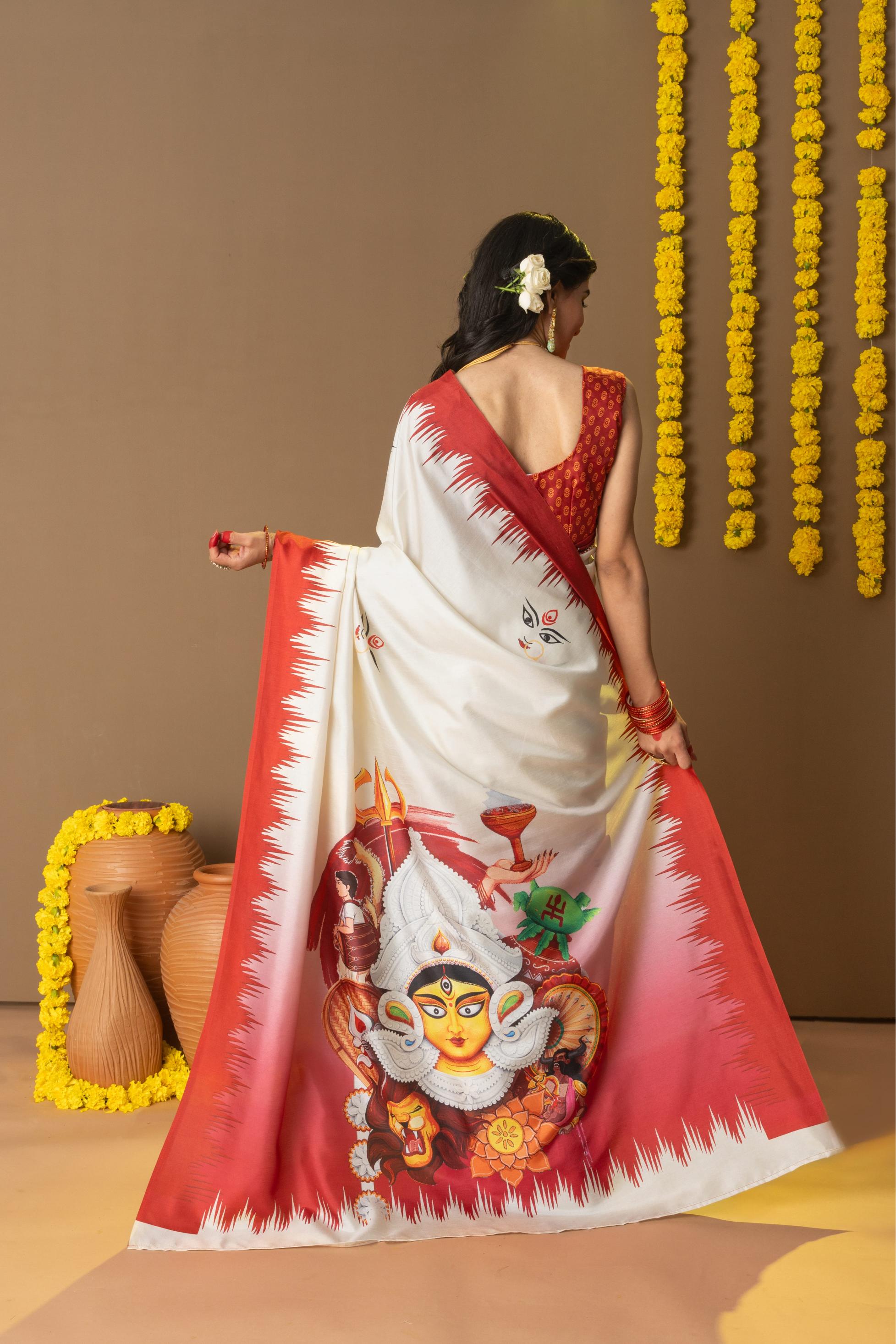 Rachna Durga Face Prints Dola Silk Saree