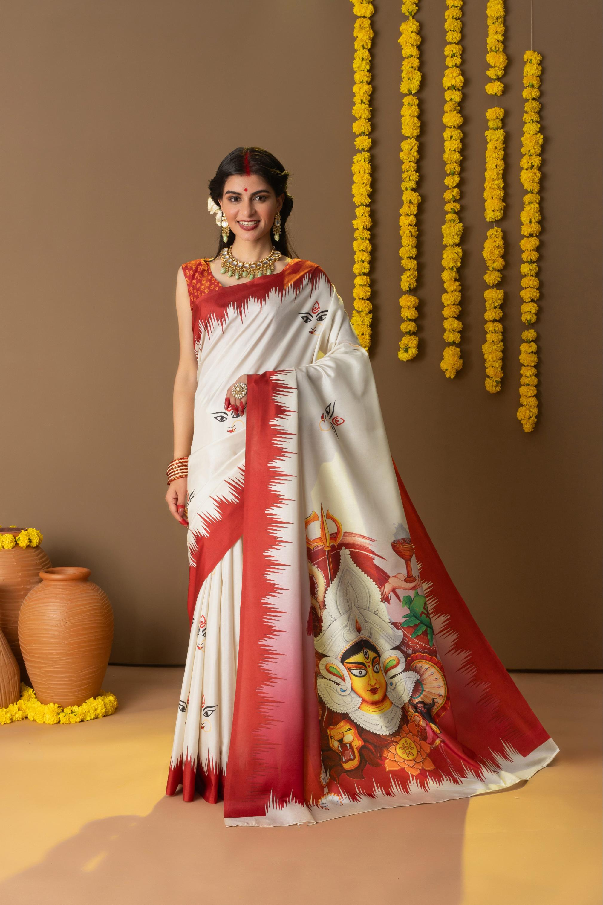 Rachna Durga Face Prints Dola Silk Saree