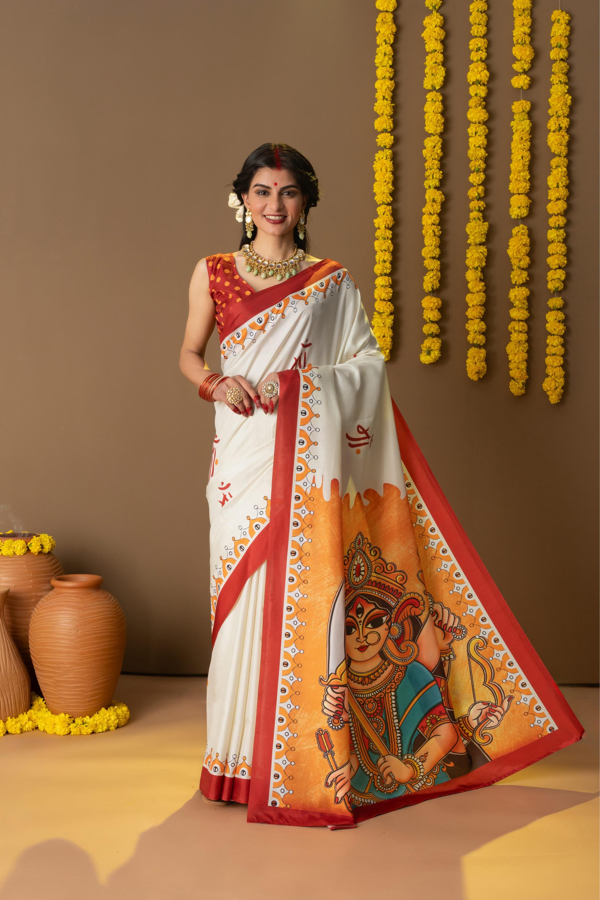 Rachna Durga Maa Prints Dola Silk Saree