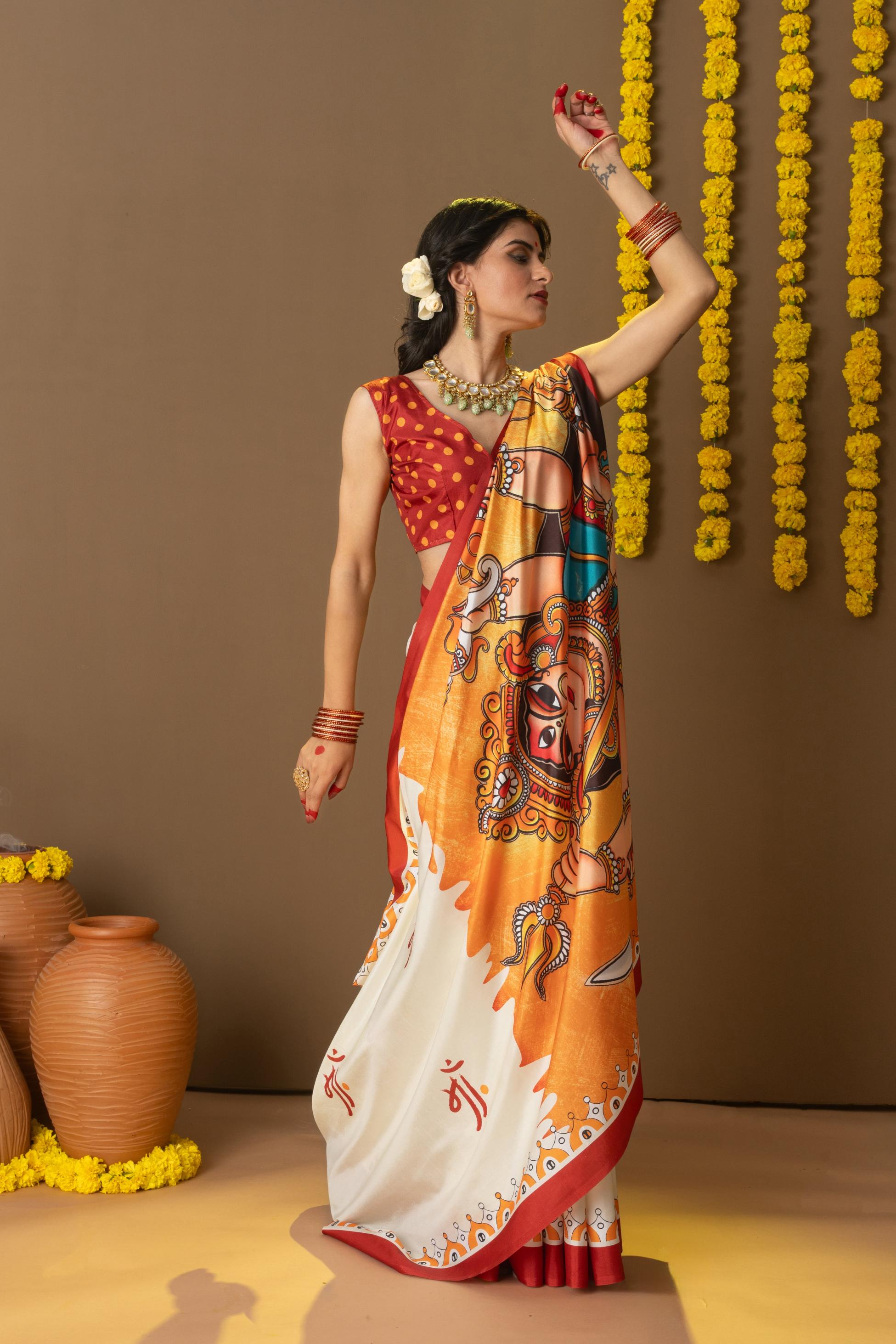 Rachna Durga Maa Prints Dola Silk Saree