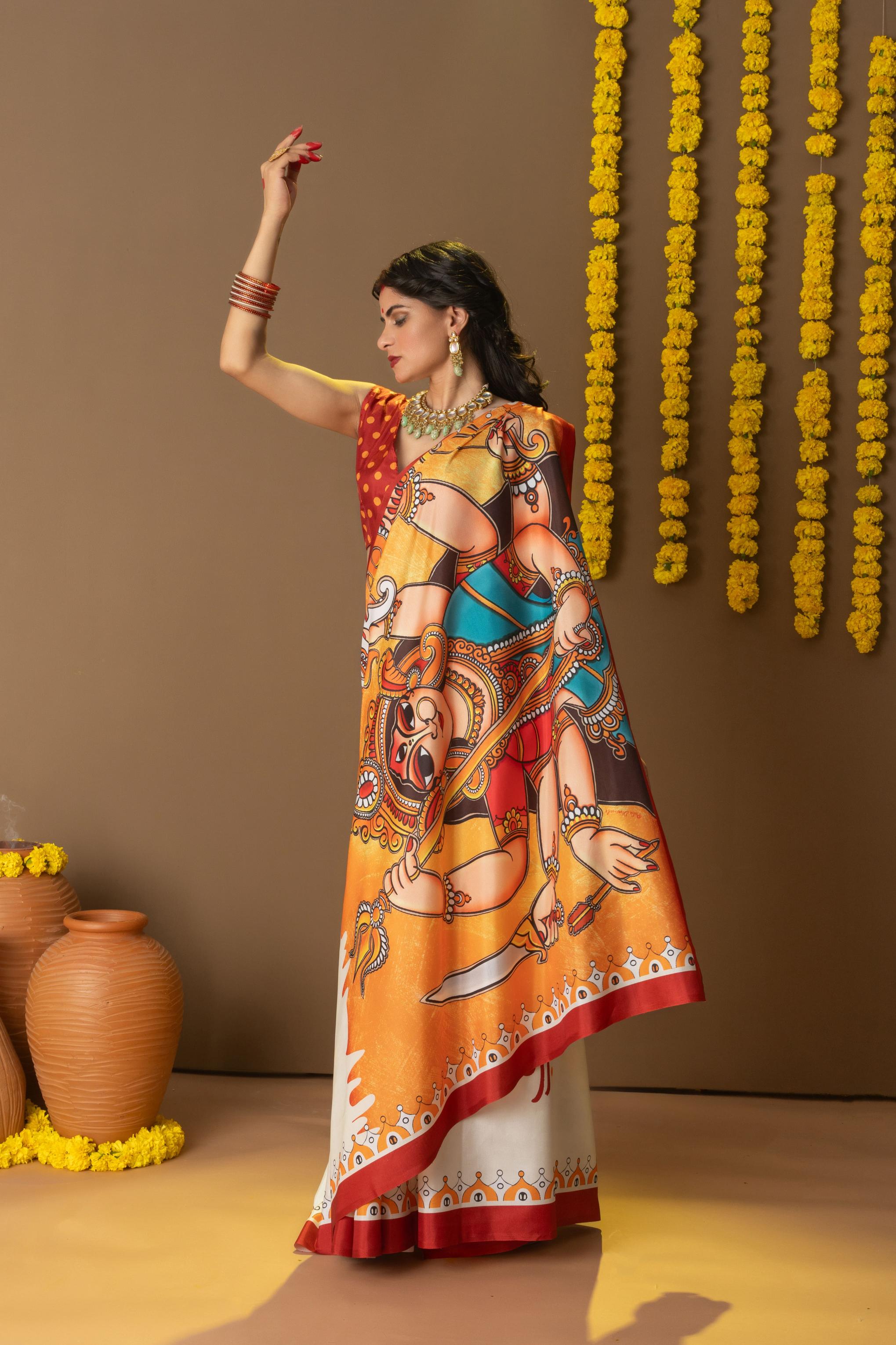 Rachna Durga Maa Prints Dola Silk Saree