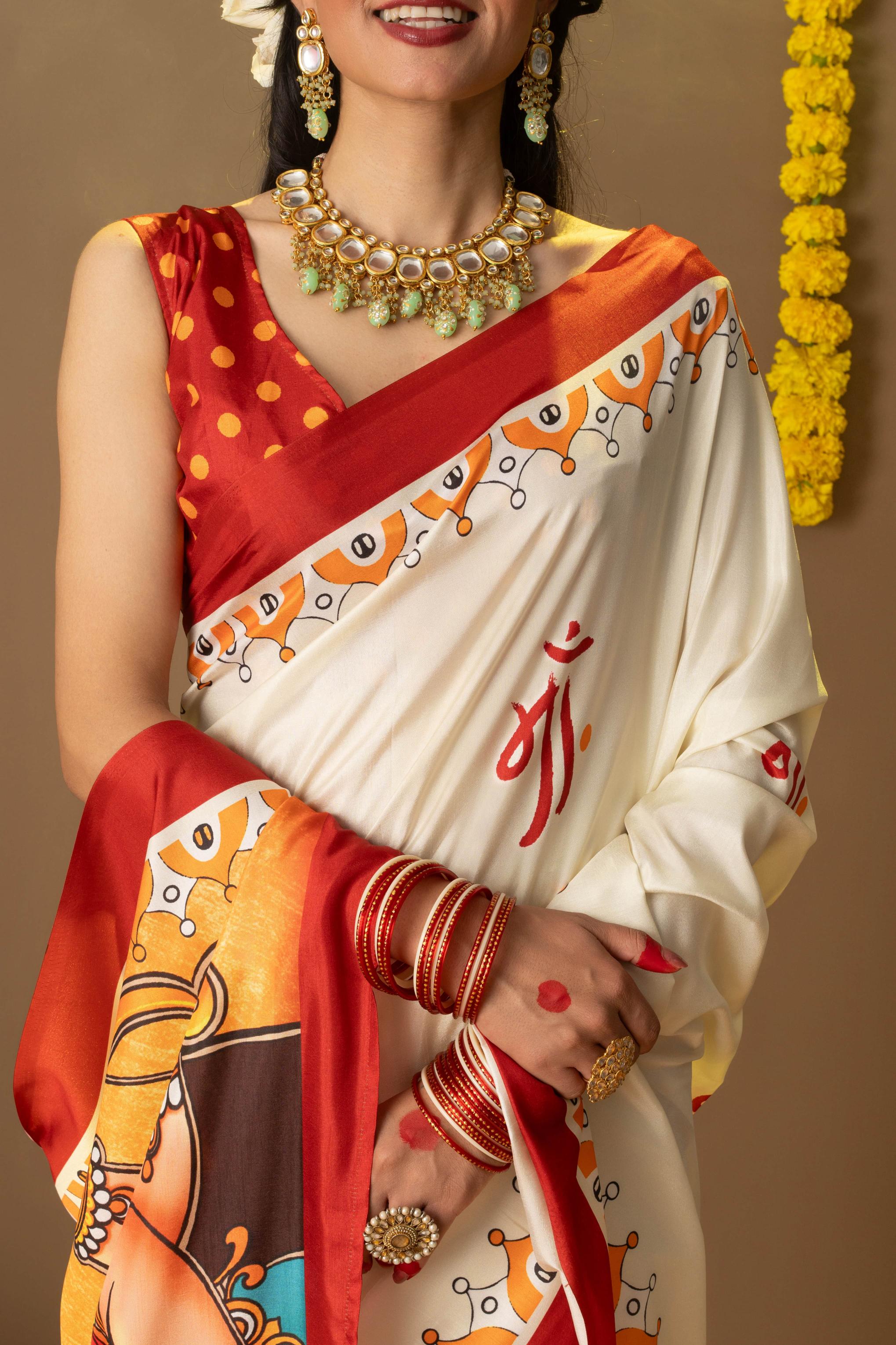 Rachna Durga Maa Prints Dola Silk Saree