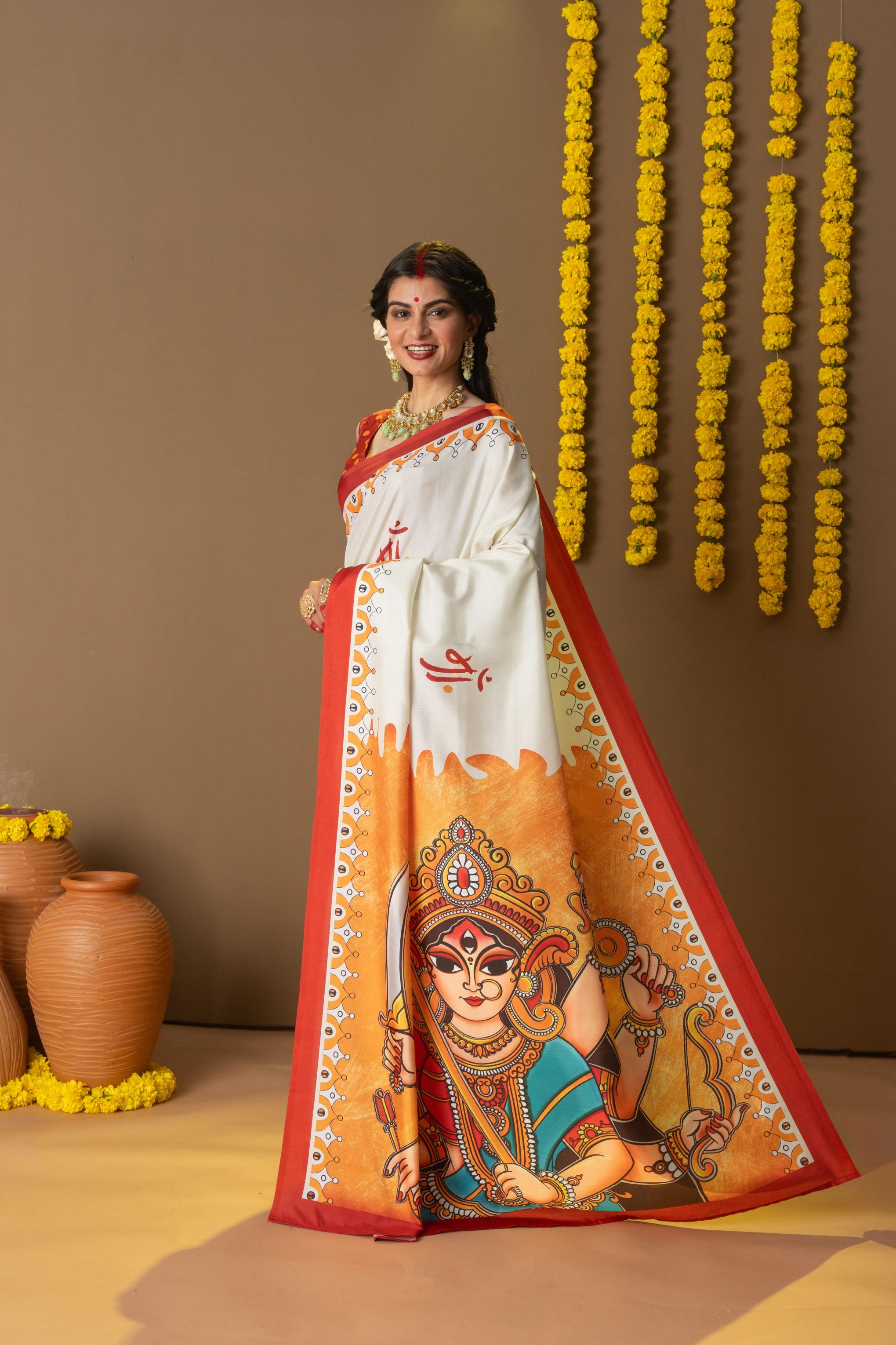 Rachna Durga Maa Prints Dola Silk Saree