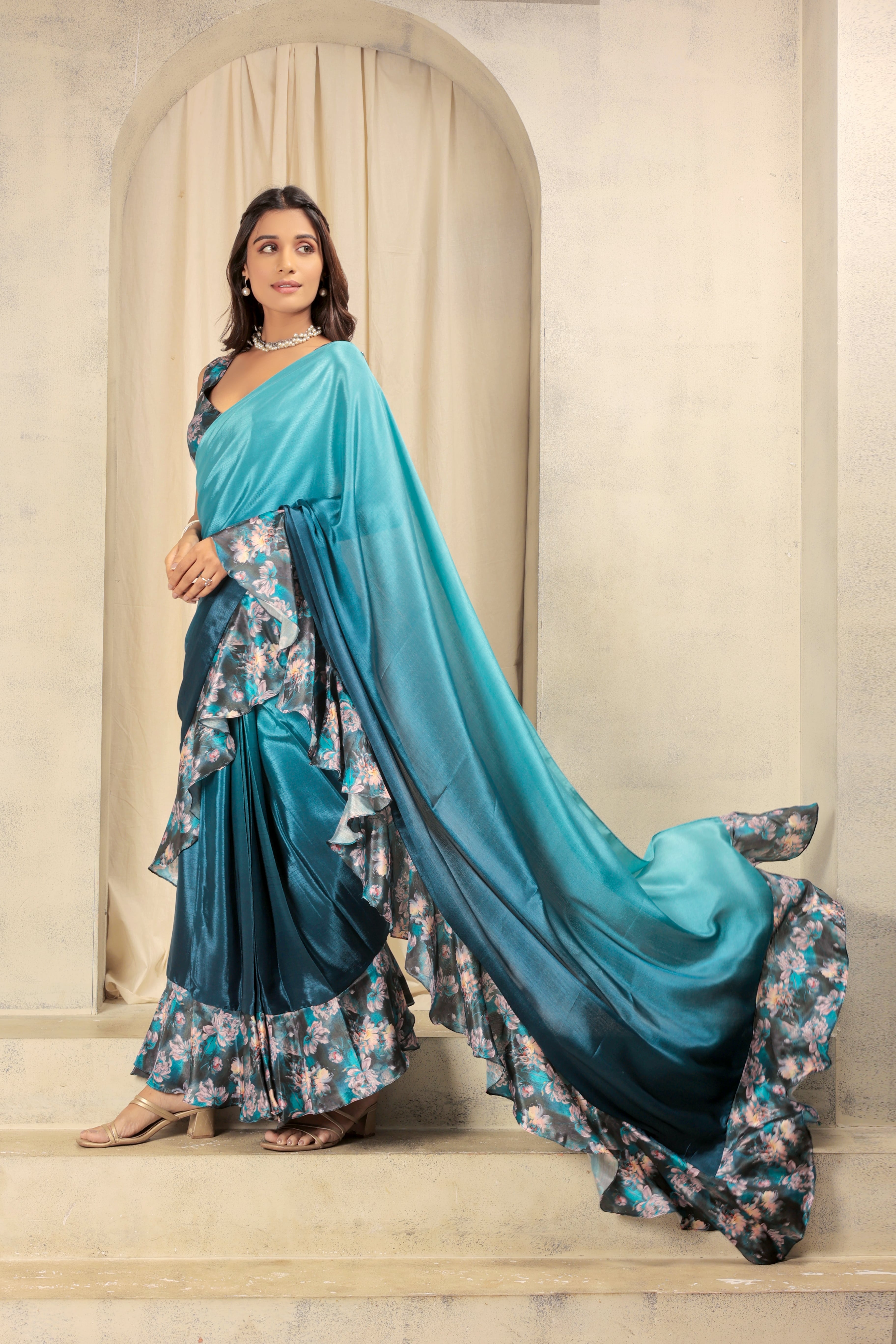 Digital Ombre Prestitched Printed Frill Ready To Wear Saree