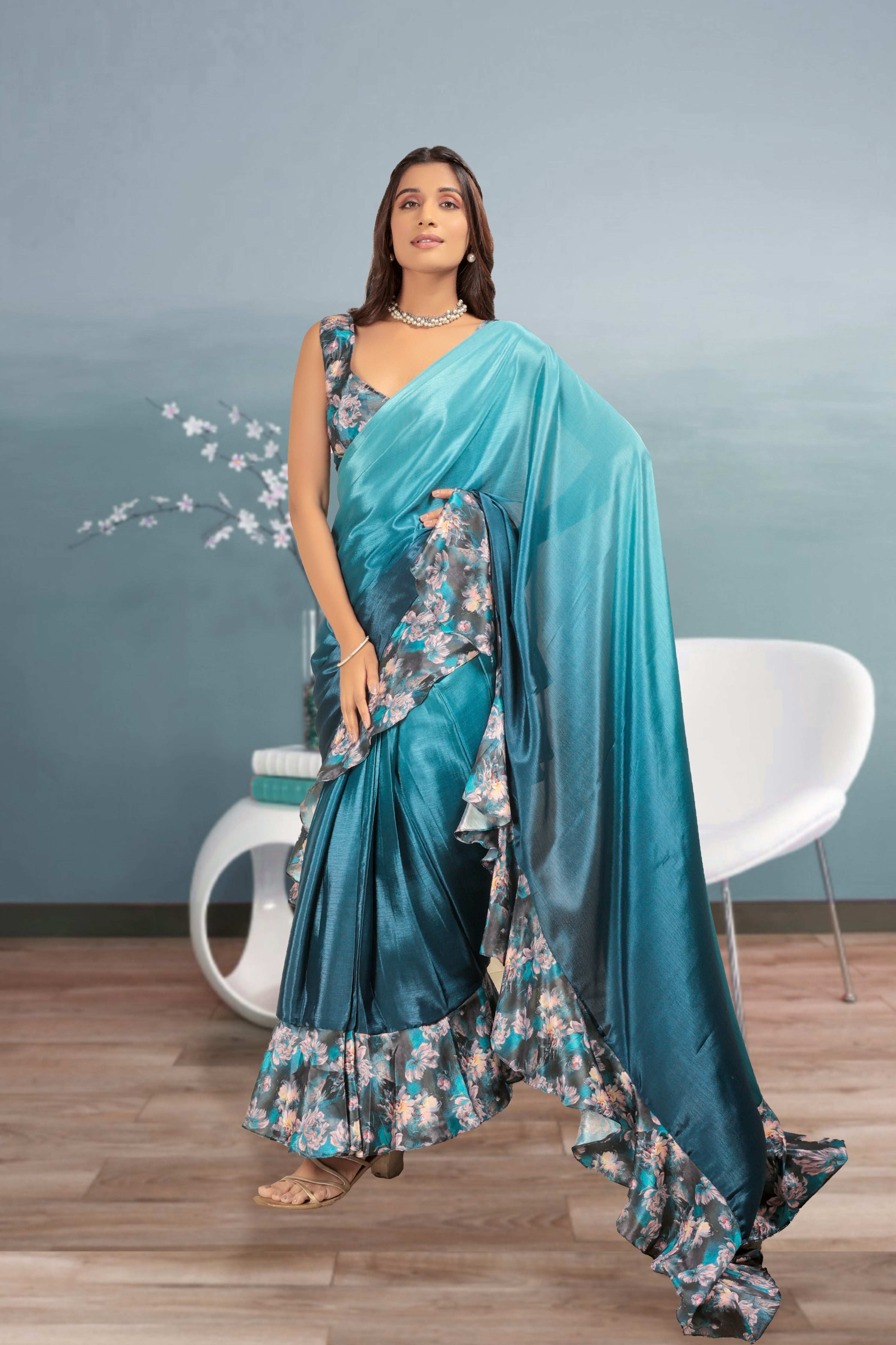 Digital Ombre Prestitched Printed Frill Ready To Wear Saree
