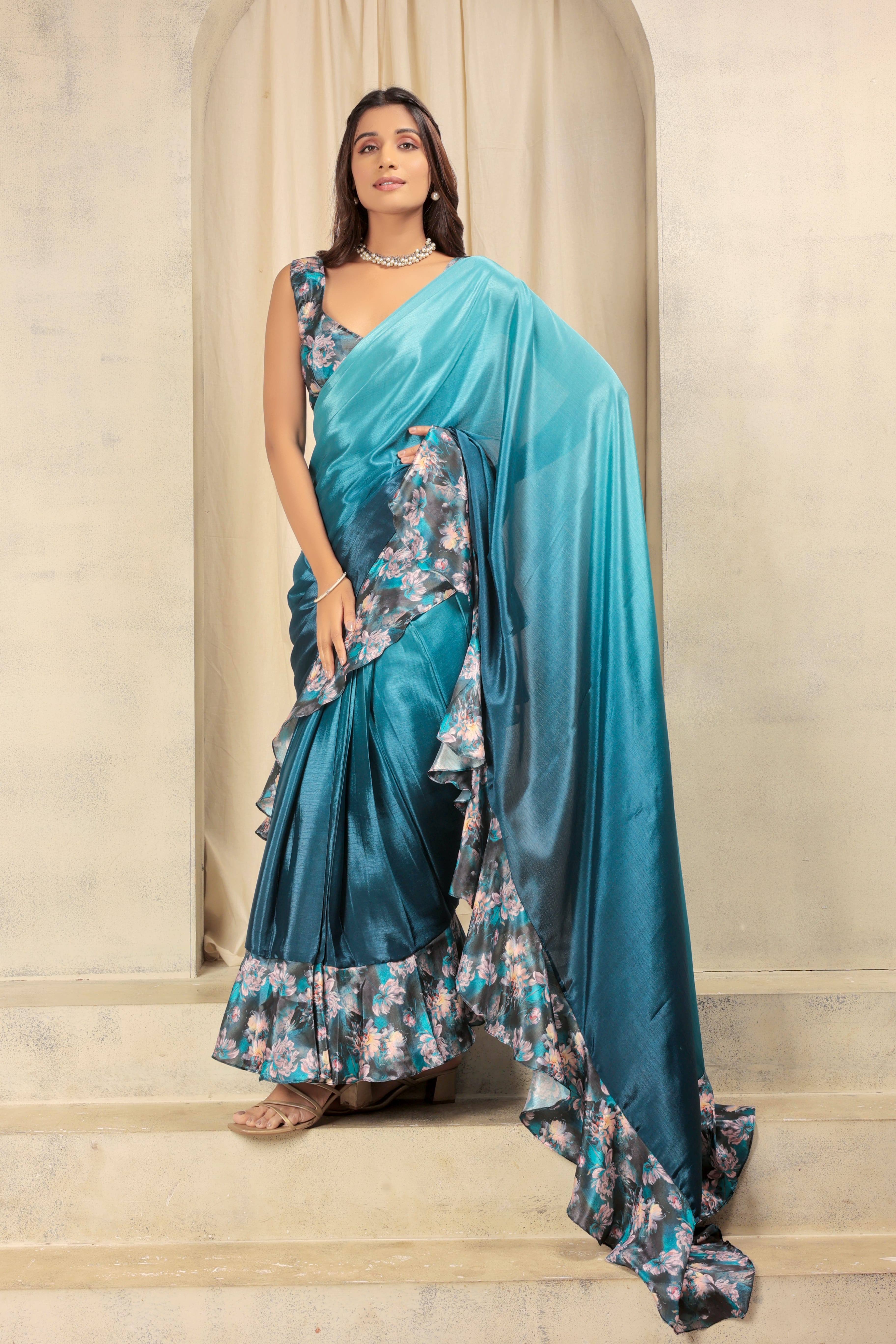 Digital Ombre Prestitched Printed Frill Ready To Wear Saree