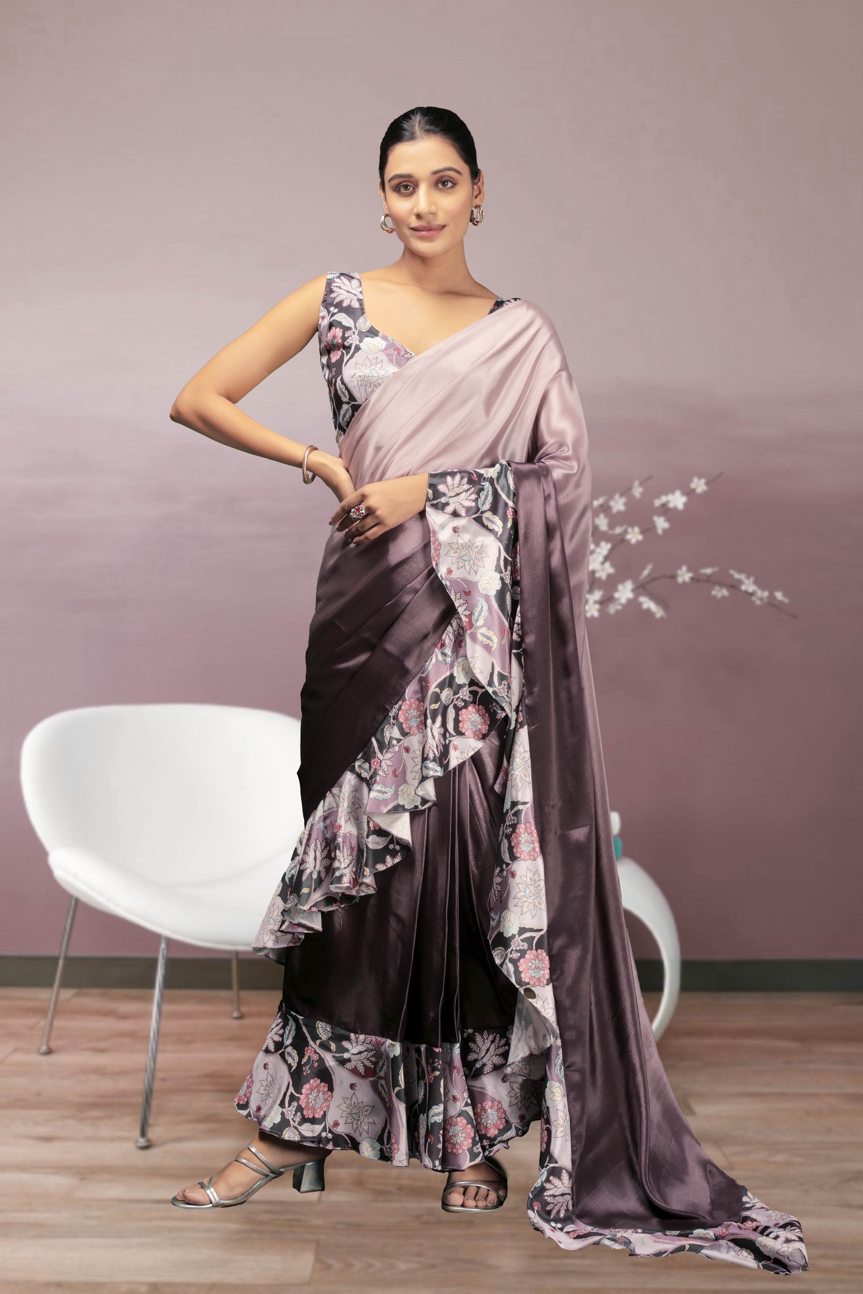 Digital Ombre Prestitched Printed Frill Ready To Wear Saree