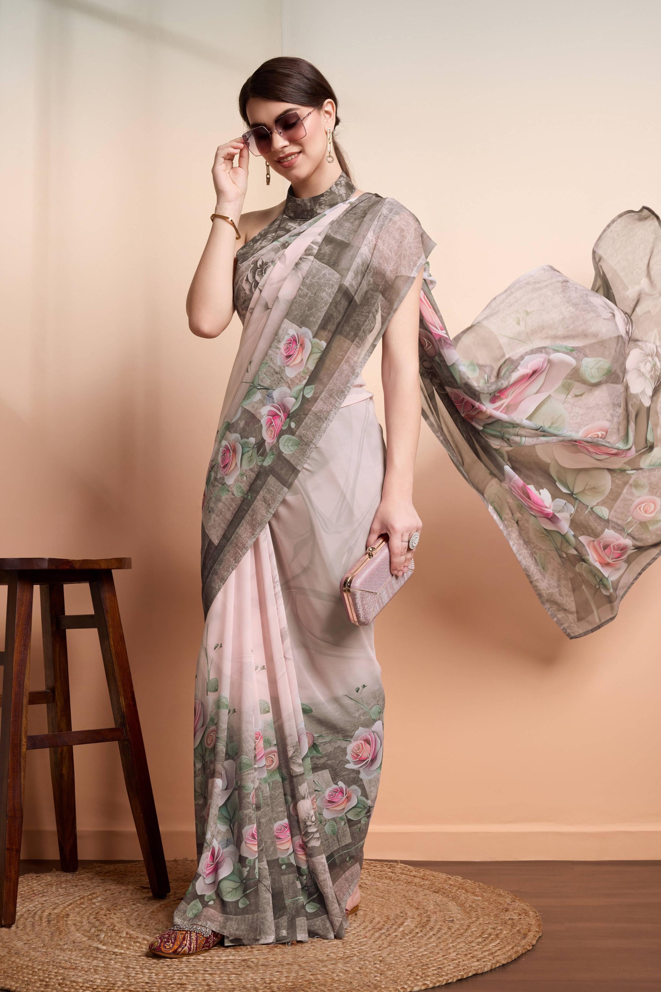 Onra Digital Pastel Floral Weightless Georgette Saree