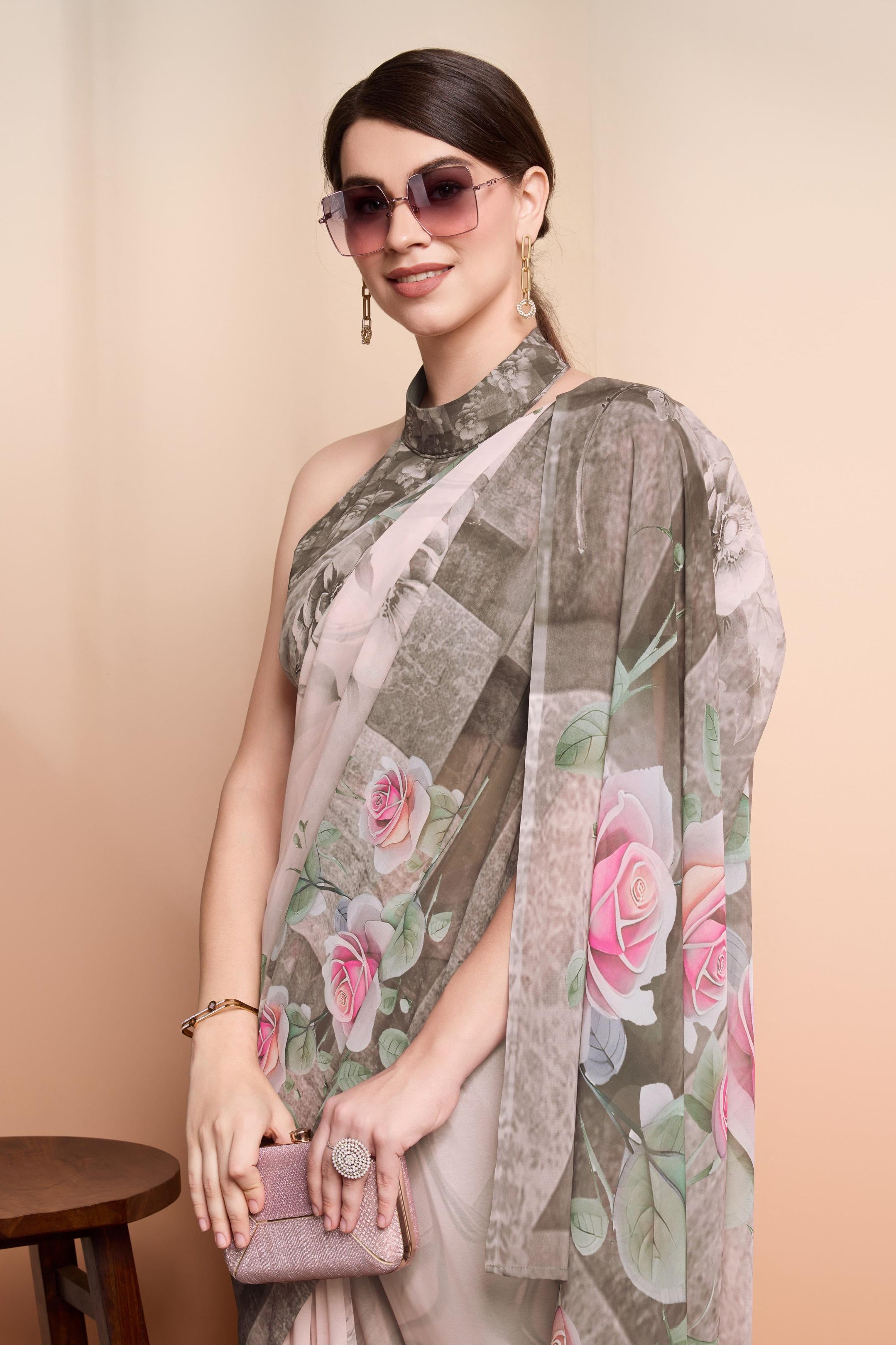 Onra Digital Pastel Floral Weightless Georgette Saree