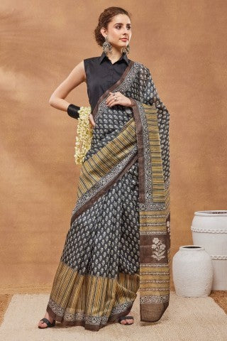 Black Color Ethnic Motifs Printed Silk Blend Ready to Wear Saree