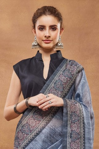 Blue Color Printed Silk Blend Ready to Wear Saree