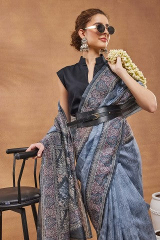 Grey Ethnic Motifs Printed Silk Blend Party Wear Saree