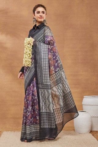 Purple Color Printed Silk Blend Ready to Wear Saree