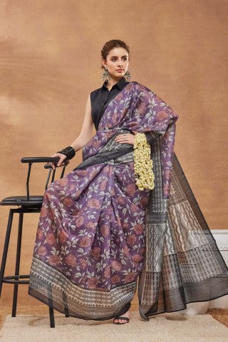 Multi color Ethnic Motifs Printed Silk Blend Designer Saree