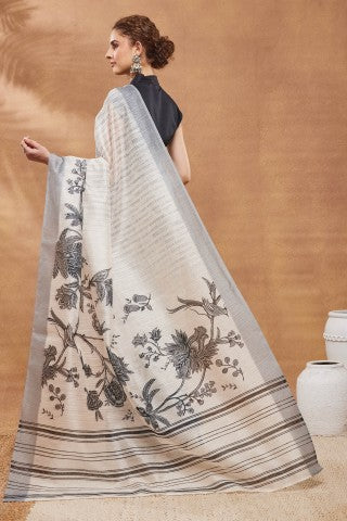Off White Floral Printed Silk Blend Party Wear Designer Saree