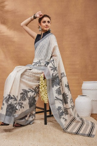 Off White Floral Printed Silk Blend Party Wear Designer Saree