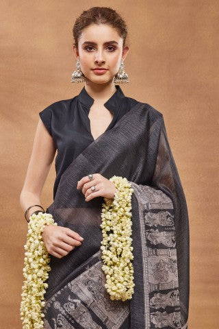 Black Ethnic Motifs Printed Silk Blend Ready to Wear Saree