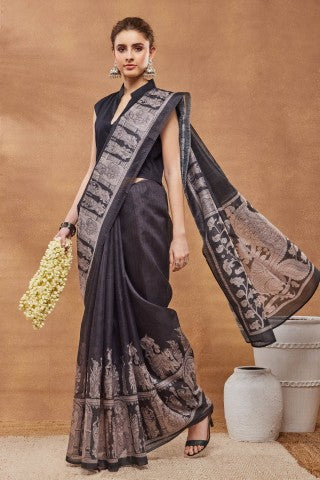 Black Ethnic Motifs Printed Silk Blend Ready to Wear Saree