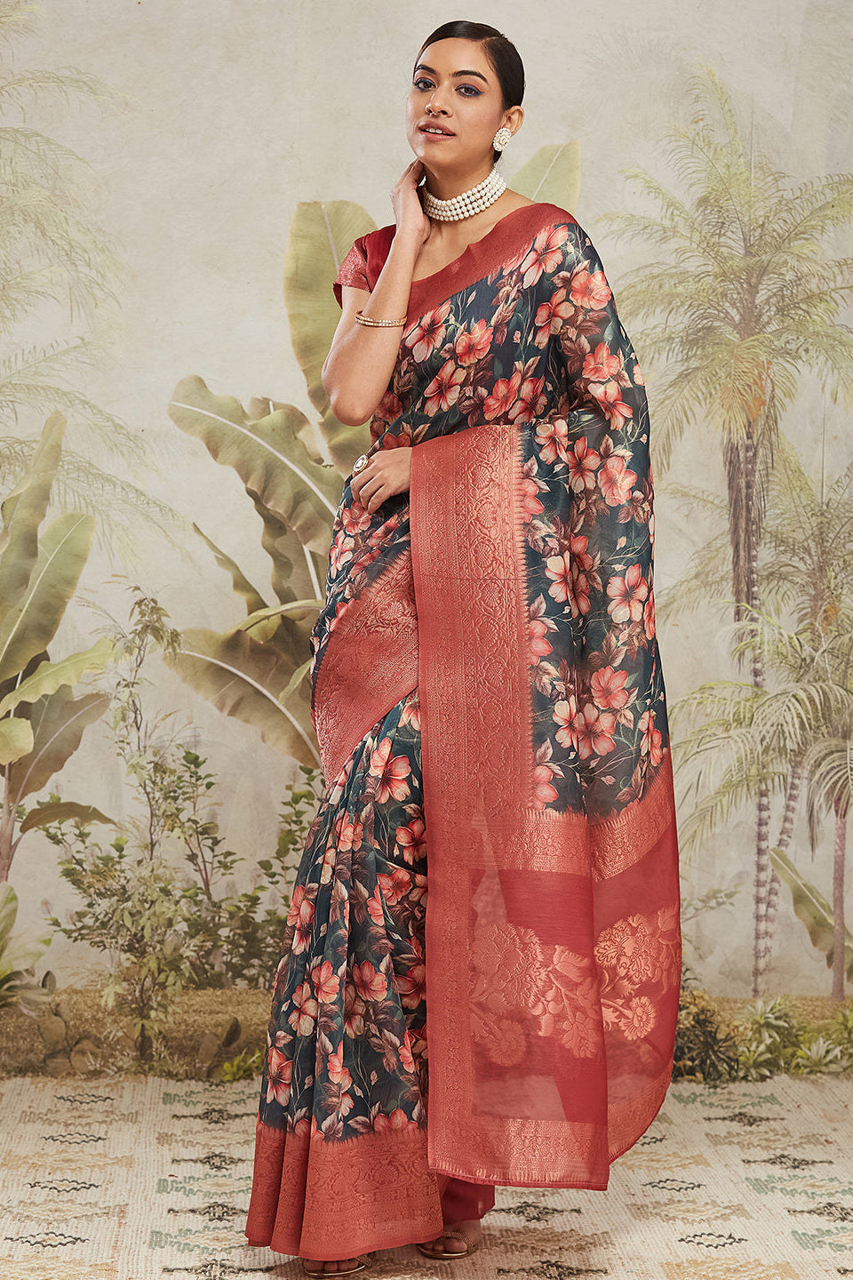 Digital Printed Woven Design Green Banarasi Silk Ready to Wear Saree with Zari Border