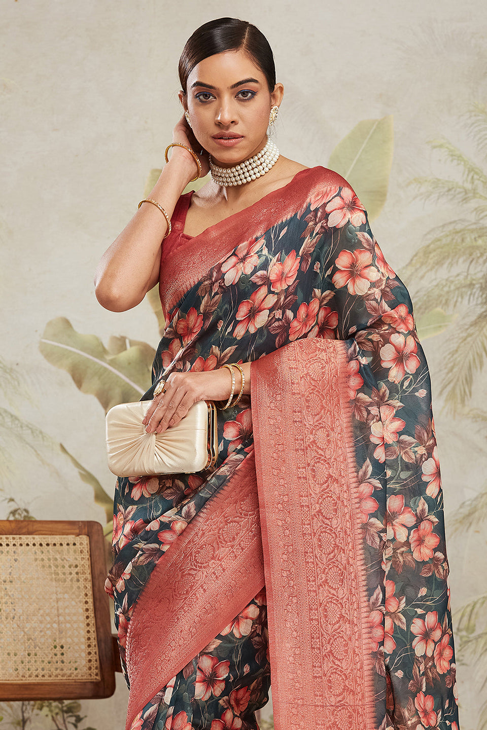 Digital Printed Woven Design Green Banarasi Silk Ready to Wear Saree with Zari Border