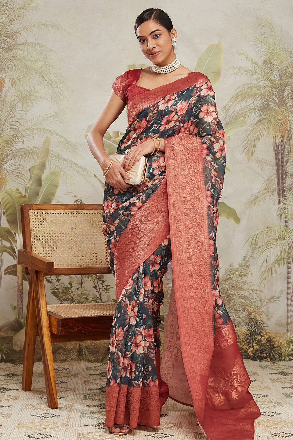 Digital Printed Woven Design Green Banarasi Silk Ready to Wear Saree with Zari Border