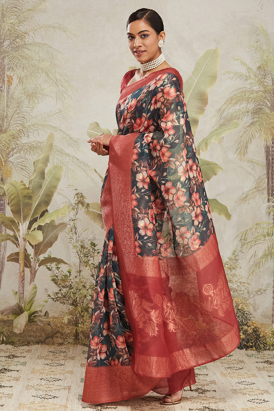 Digital Printed Woven Design Green Banarasi Silk Ready to Wear Saree with Zari Border