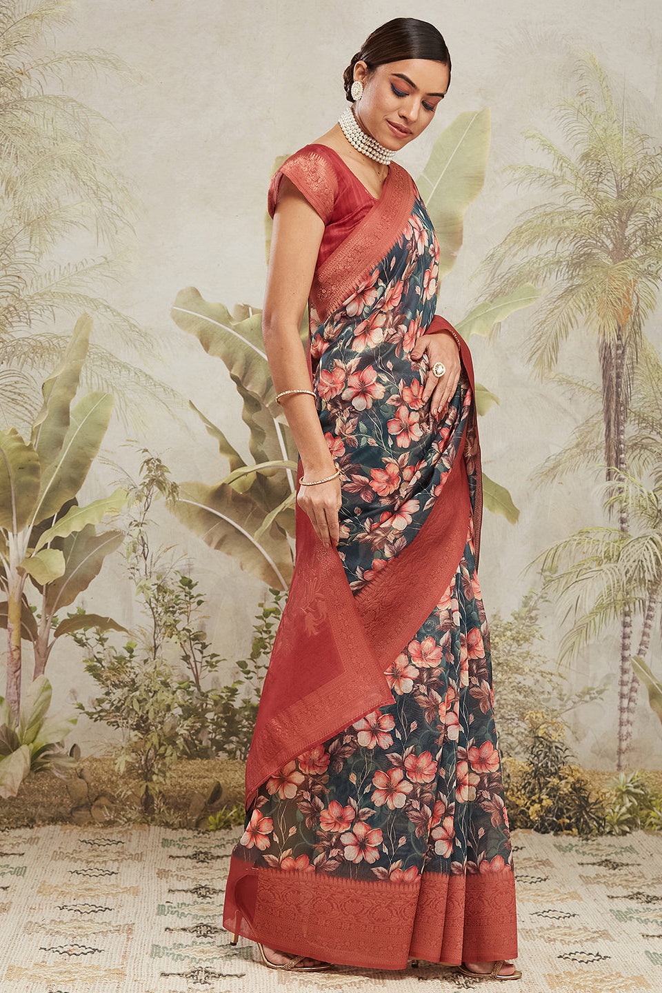 Digital Printed Woven Design Green Banarasi Silk Ready to Wear Saree with Zari Border