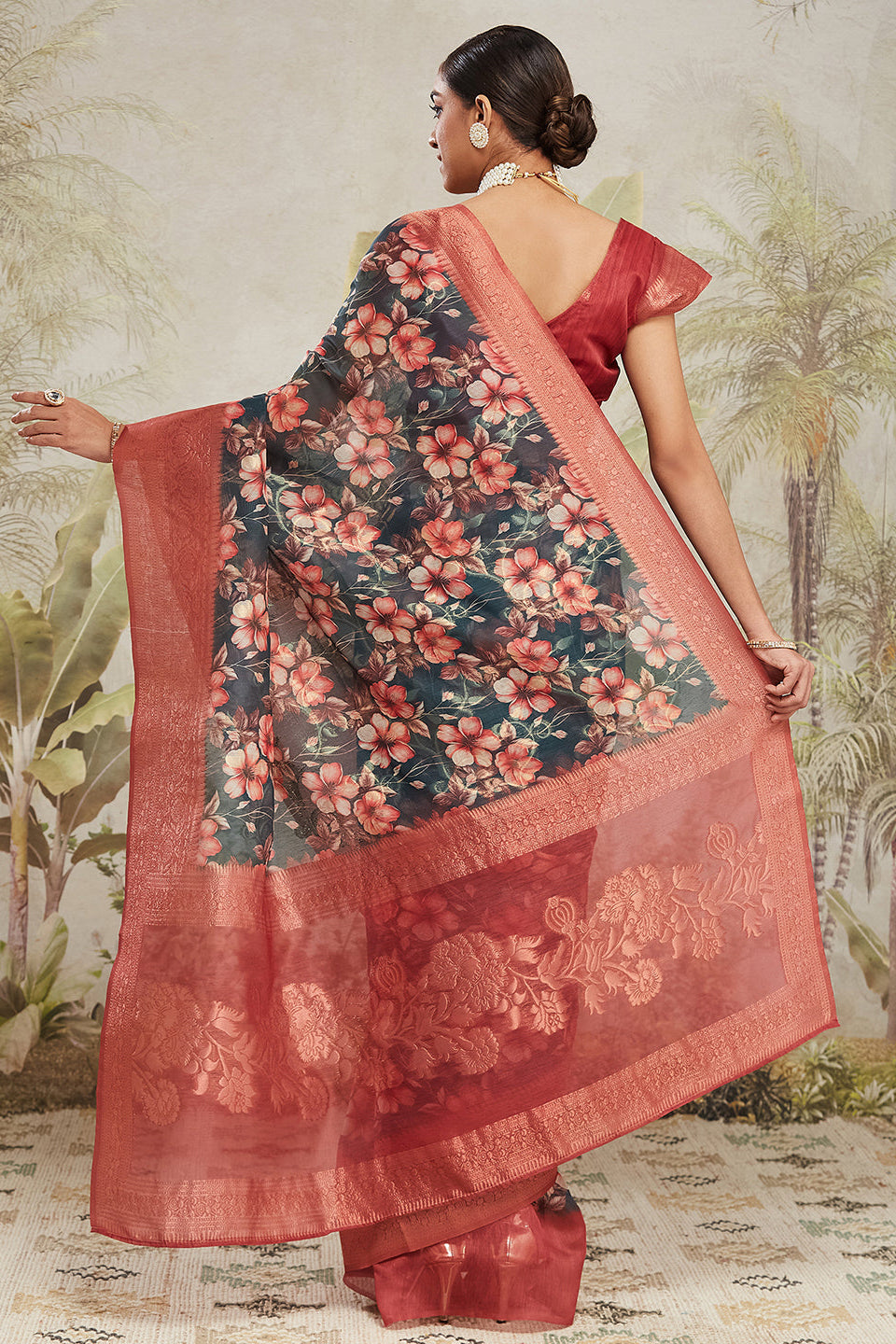 Digital Printed Woven Design Green Banarasi Silk Ready to Wear Saree with Zari Border