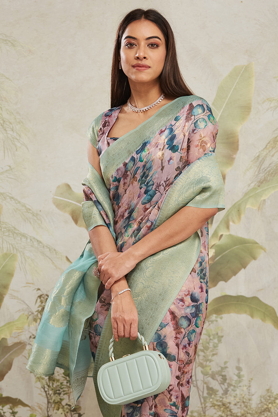 Digital Printed Woven Design Peach Banarasi Silk Ready to Wear Saree with Zari Border