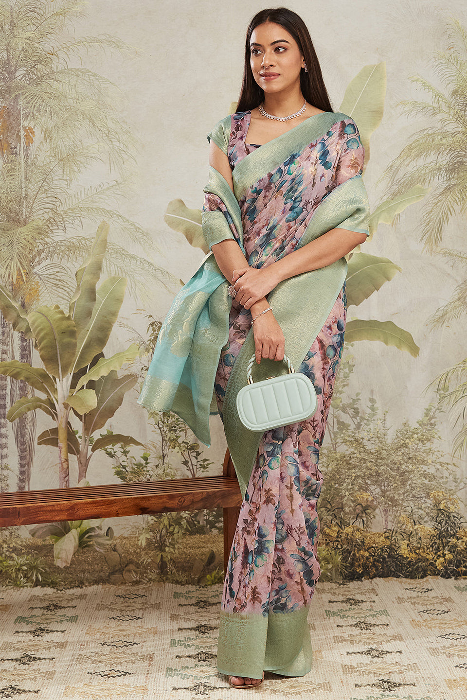 Digital Printed Woven Design Peach Banarasi Silk Ready to Wear Saree with Zari Border