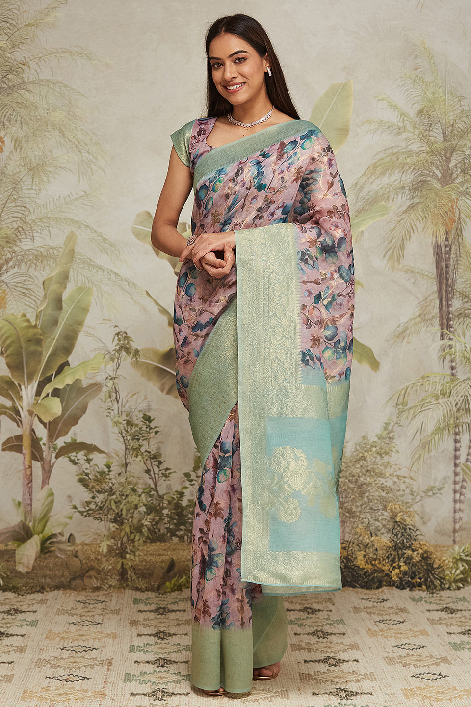 Digital Printed Woven Design Peach Banarasi Silk Ready to Wear Saree with Zari Border