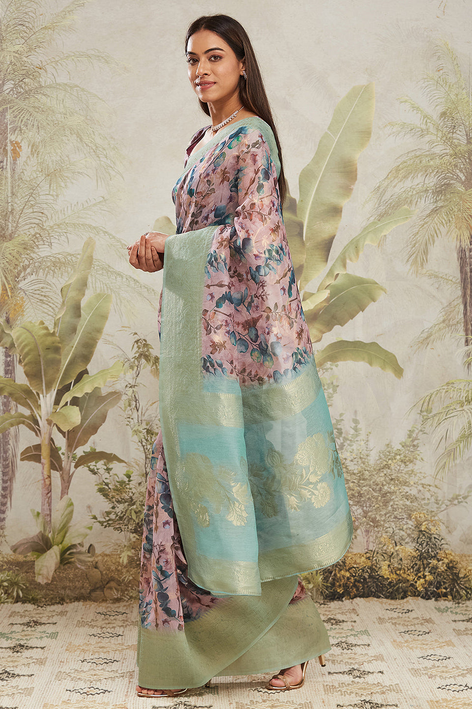 Digital Printed Woven Design Peach Banarasi Silk Ready to Wear Saree with Zari Border