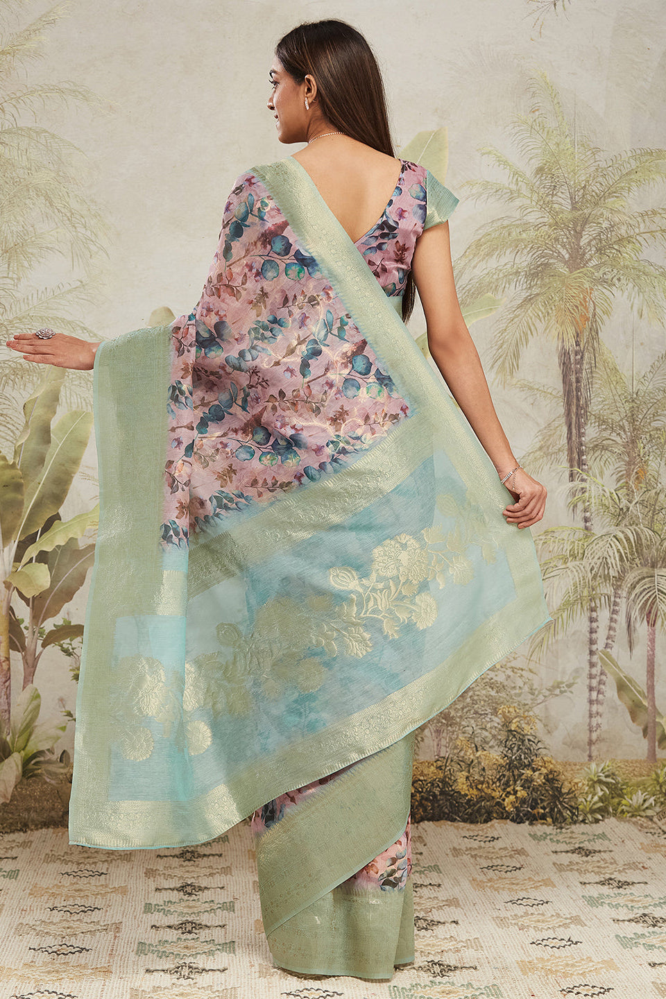 Digital Printed Woven Design Peach Banarasi Silk Ready to Wear Saree with Zari Border