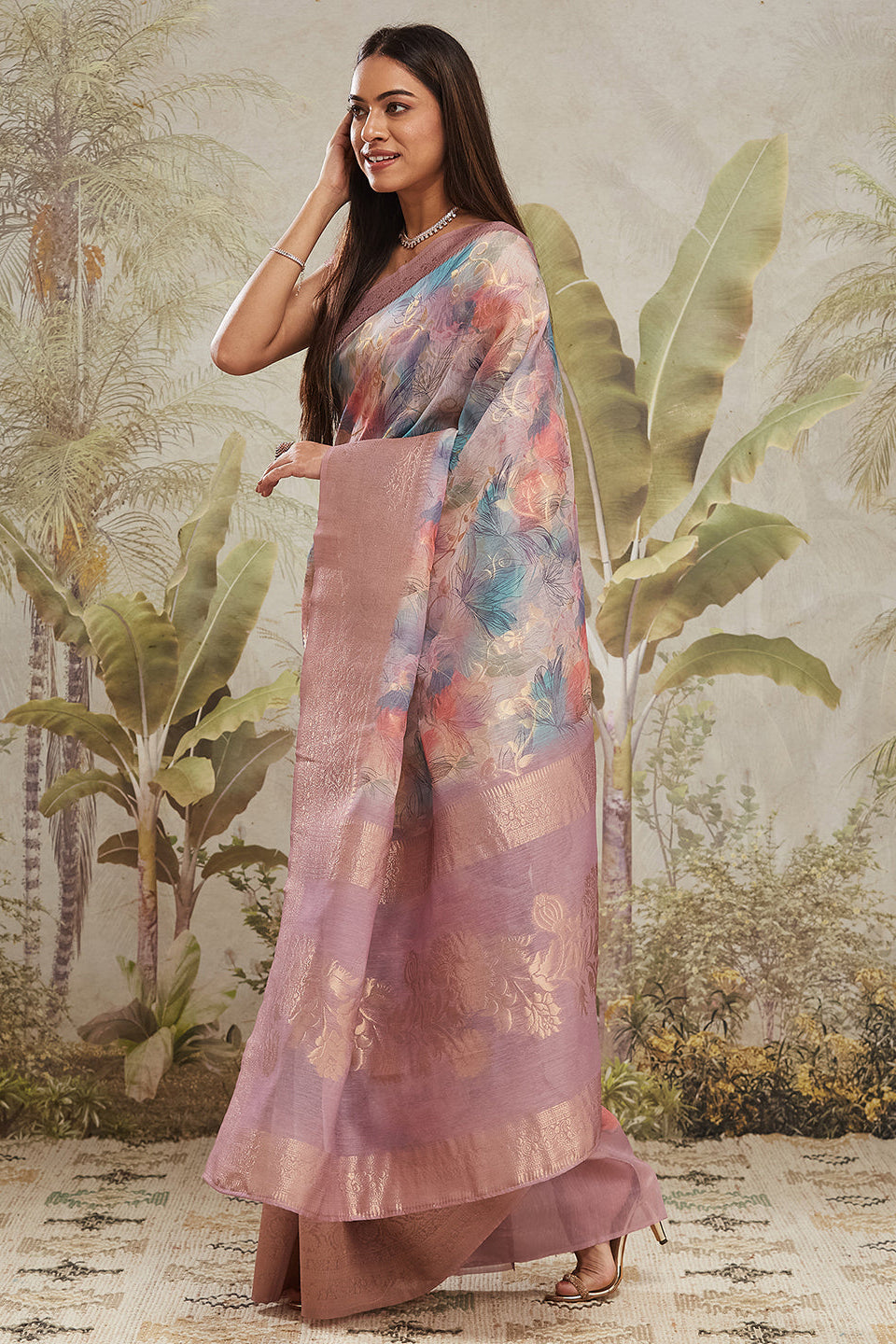 Digital Printed Woven Design Multi Banarasi Silk Ready to Wear Saree with Zari Border