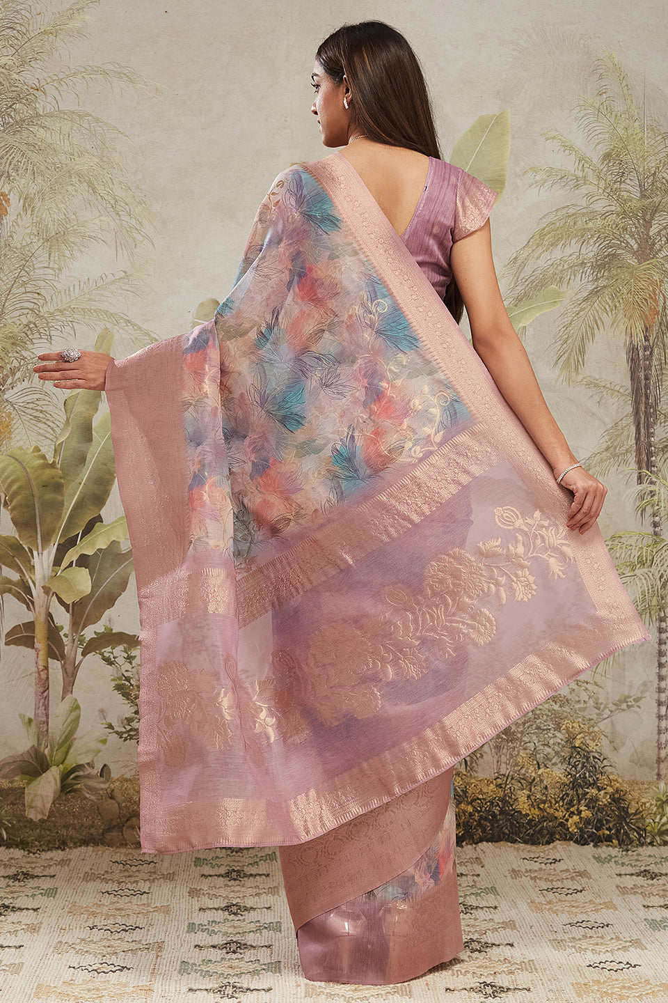 Digital Printed Woven Design Multi Banarasi Silk Ready to Wear Saree with Zari Border