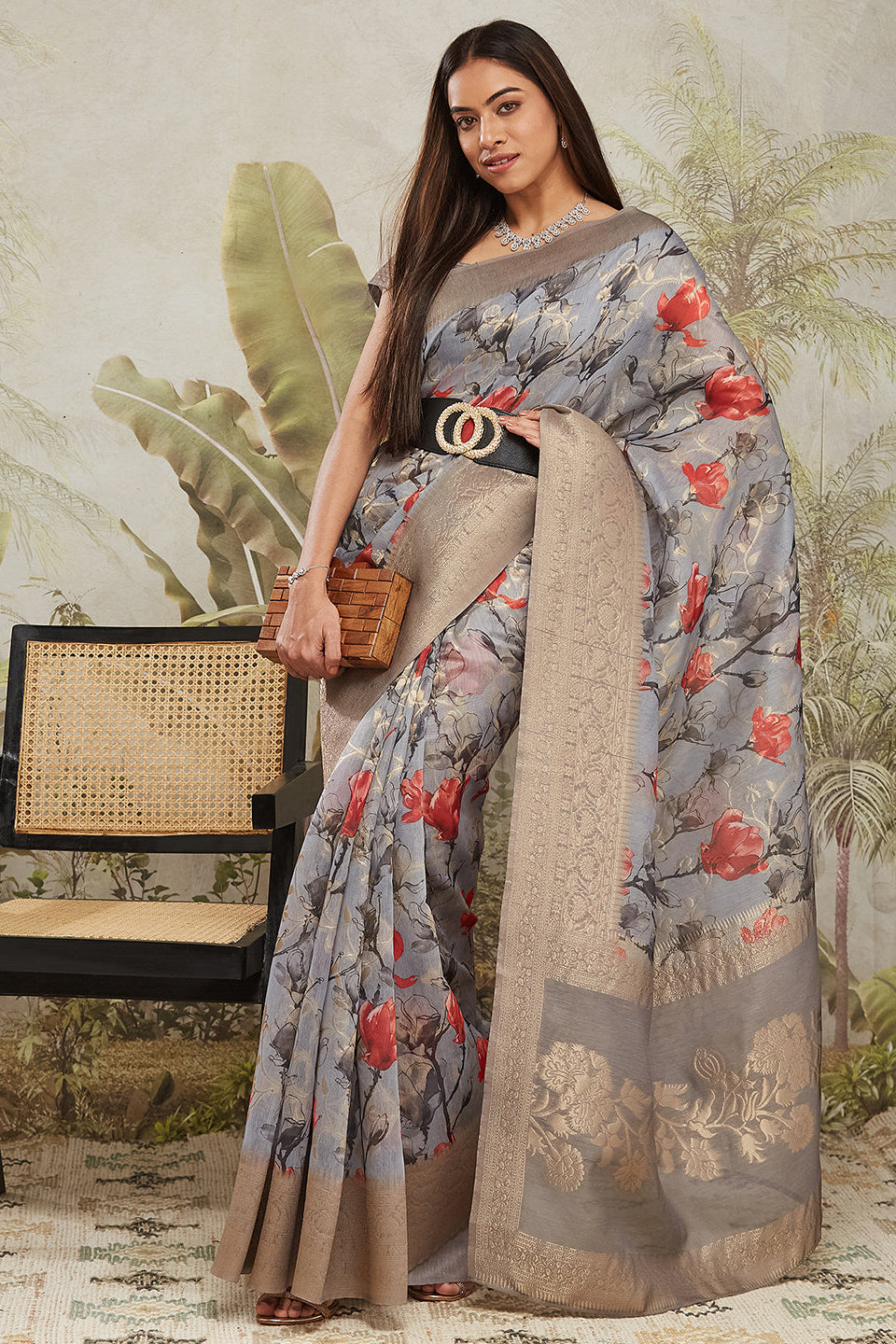 Digital Printed Woven Design Grey Banarasi Silk Ready to Wear Saree with Zari Border