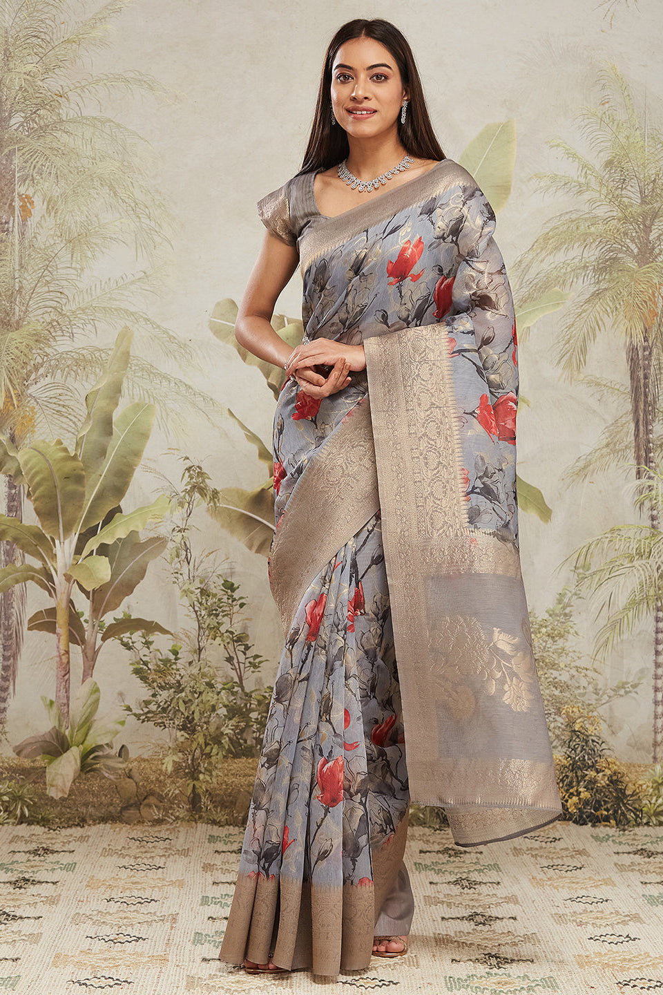 Digital Printed Woven Design Grey Banarasi Silk Ready to Wear Saree with Zari Border
