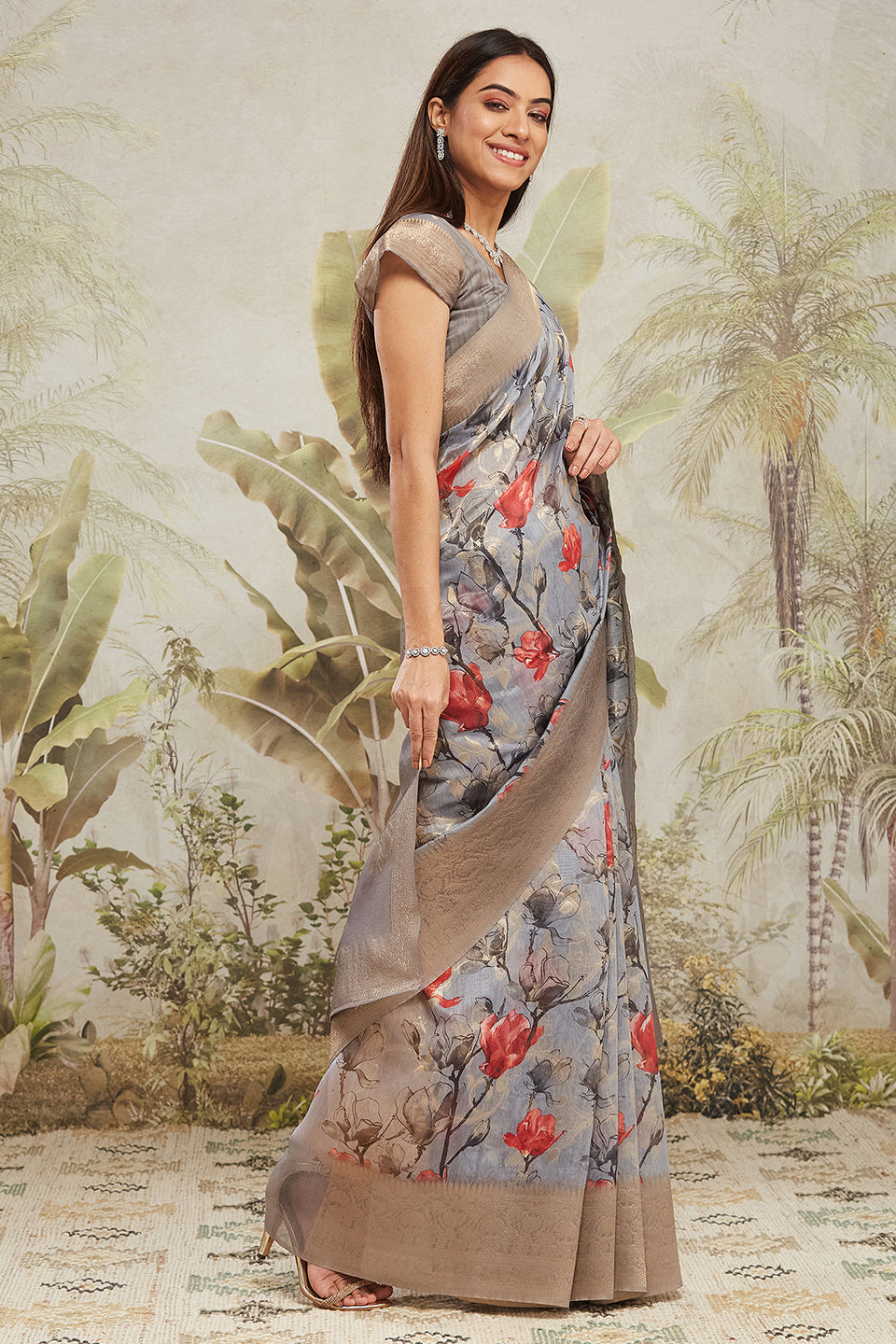 Digital Printed Woven Design Grey Banarasi Silk Ready to Wear Saree with Zari Border